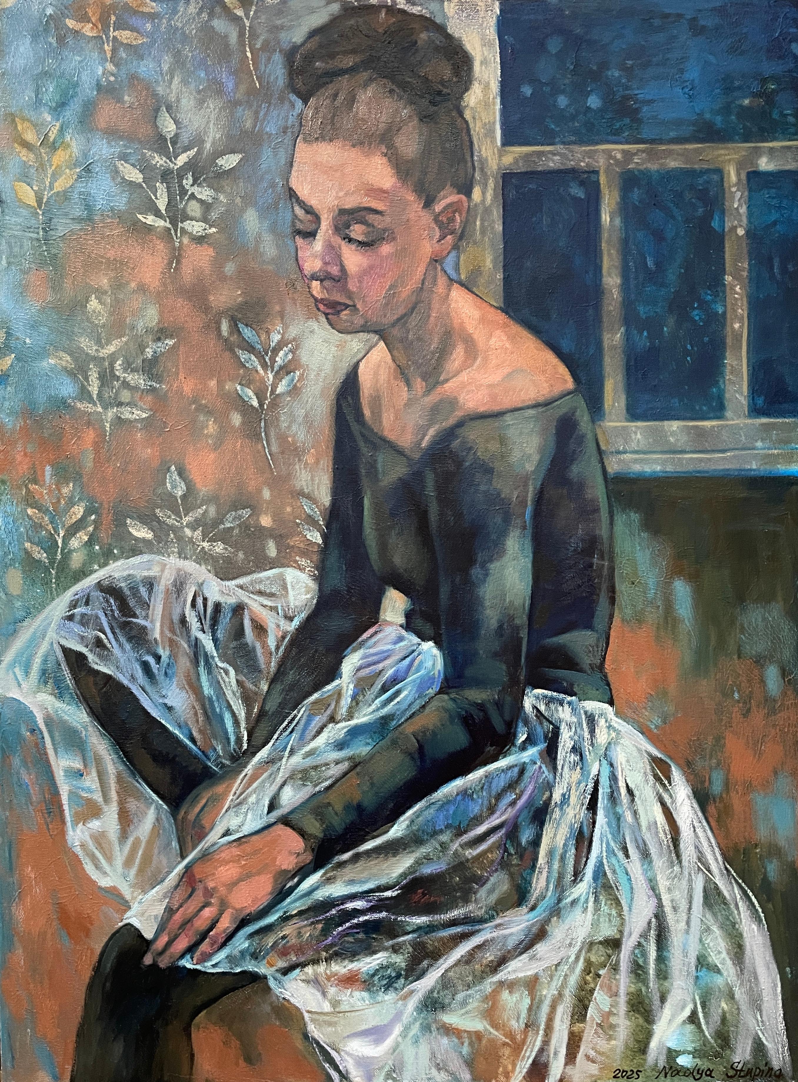 Portrait Painting di Nadezda Stupina - "Ballerina in body nero" .Originale  pittura ad olio figurativa .verticale .