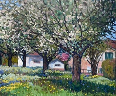 «Blooming apple trees in Gams» Original impressionistic landscape.Oil on canvas