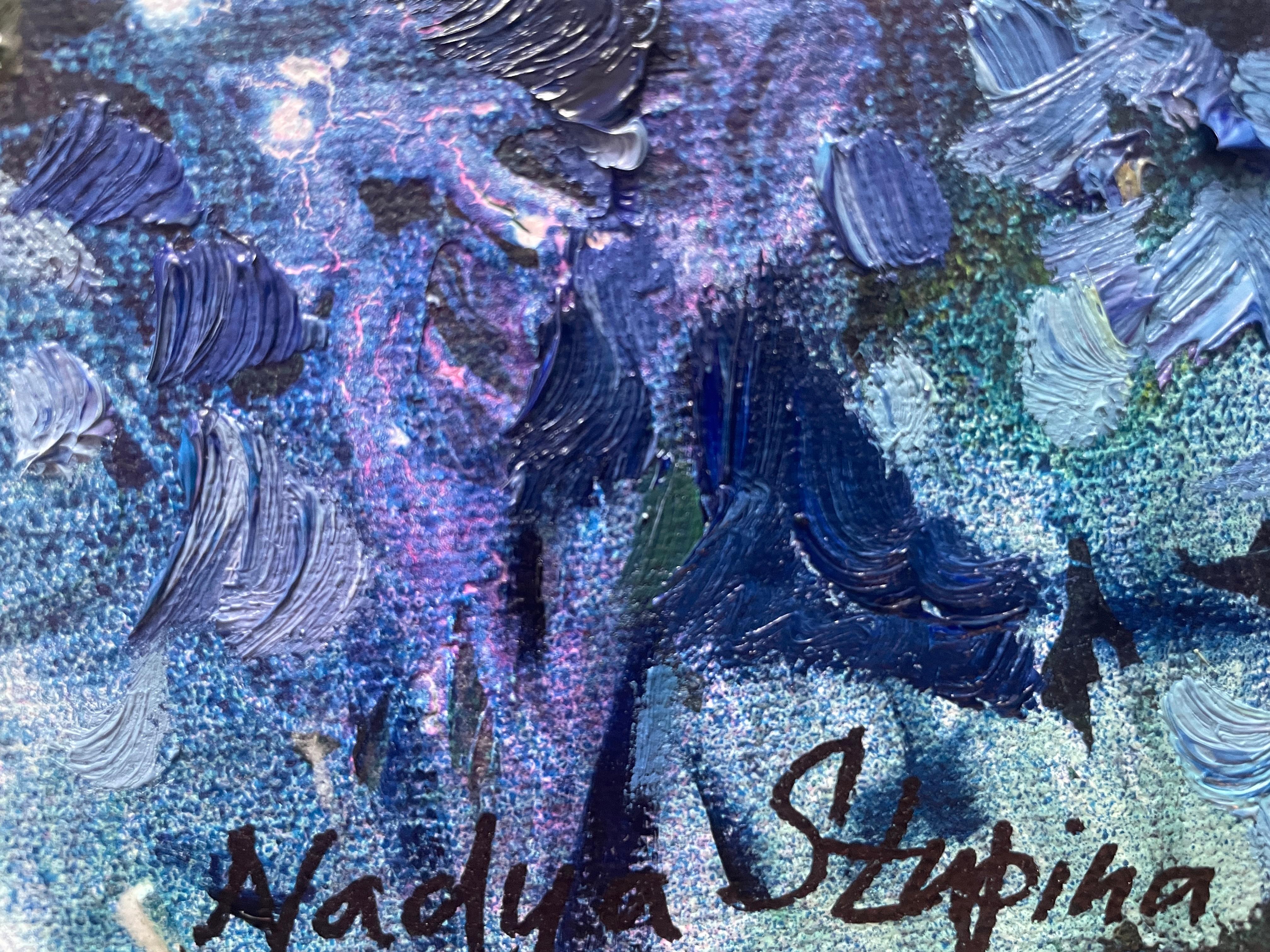 « Blue evening », grande peinture florale originale. Huile sur toile Impasto en vente 12