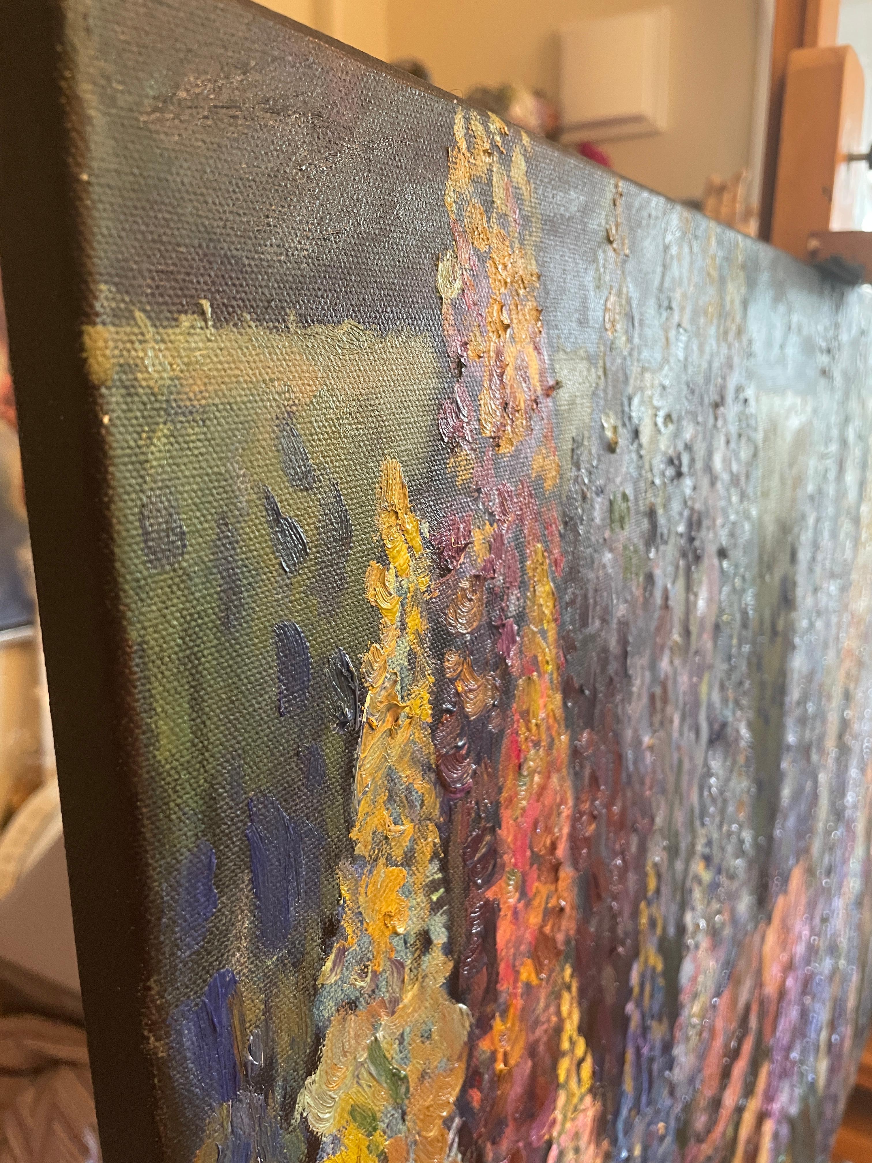 « Blue evening », grande peinture florale originale. Huile sur toile Impasto en vente 14
