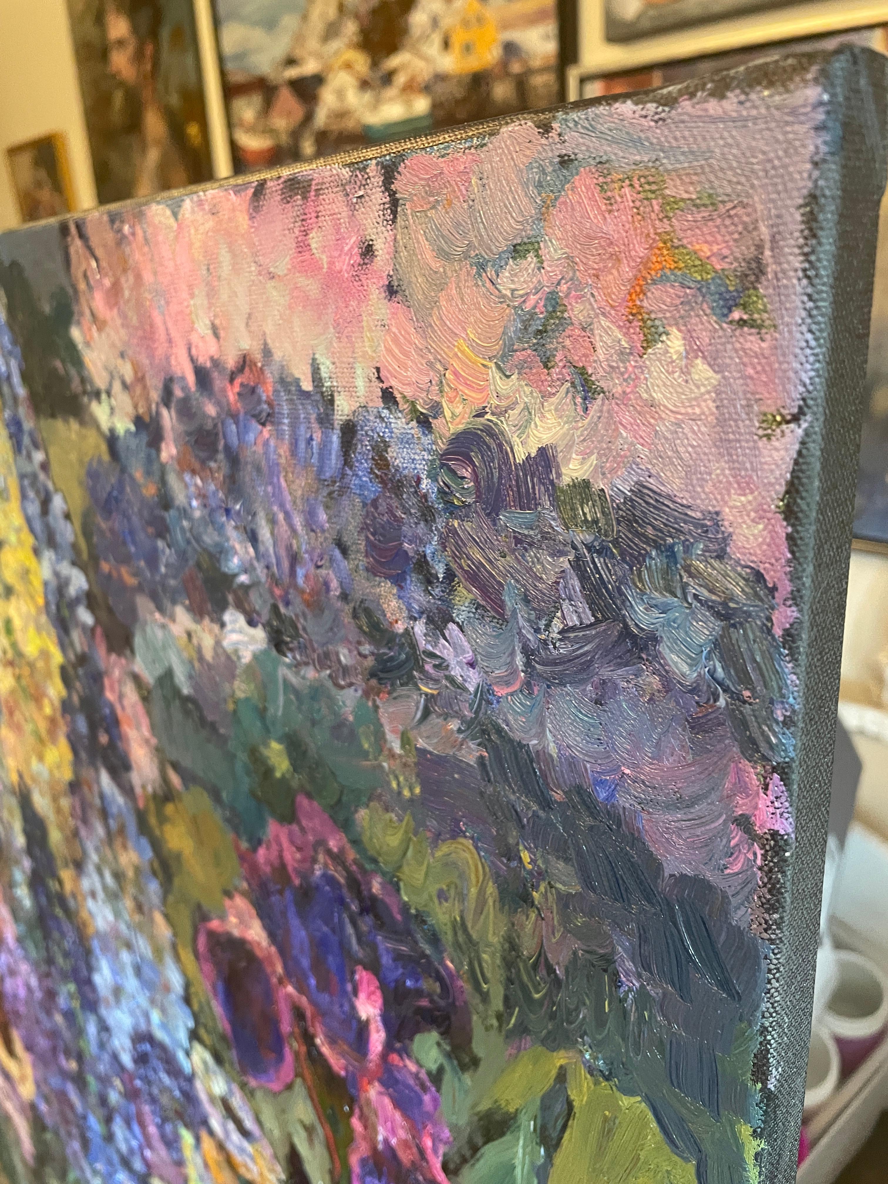 « Blue evening », grande peinture florale originale. Huile sur toile Impasto en vente 15