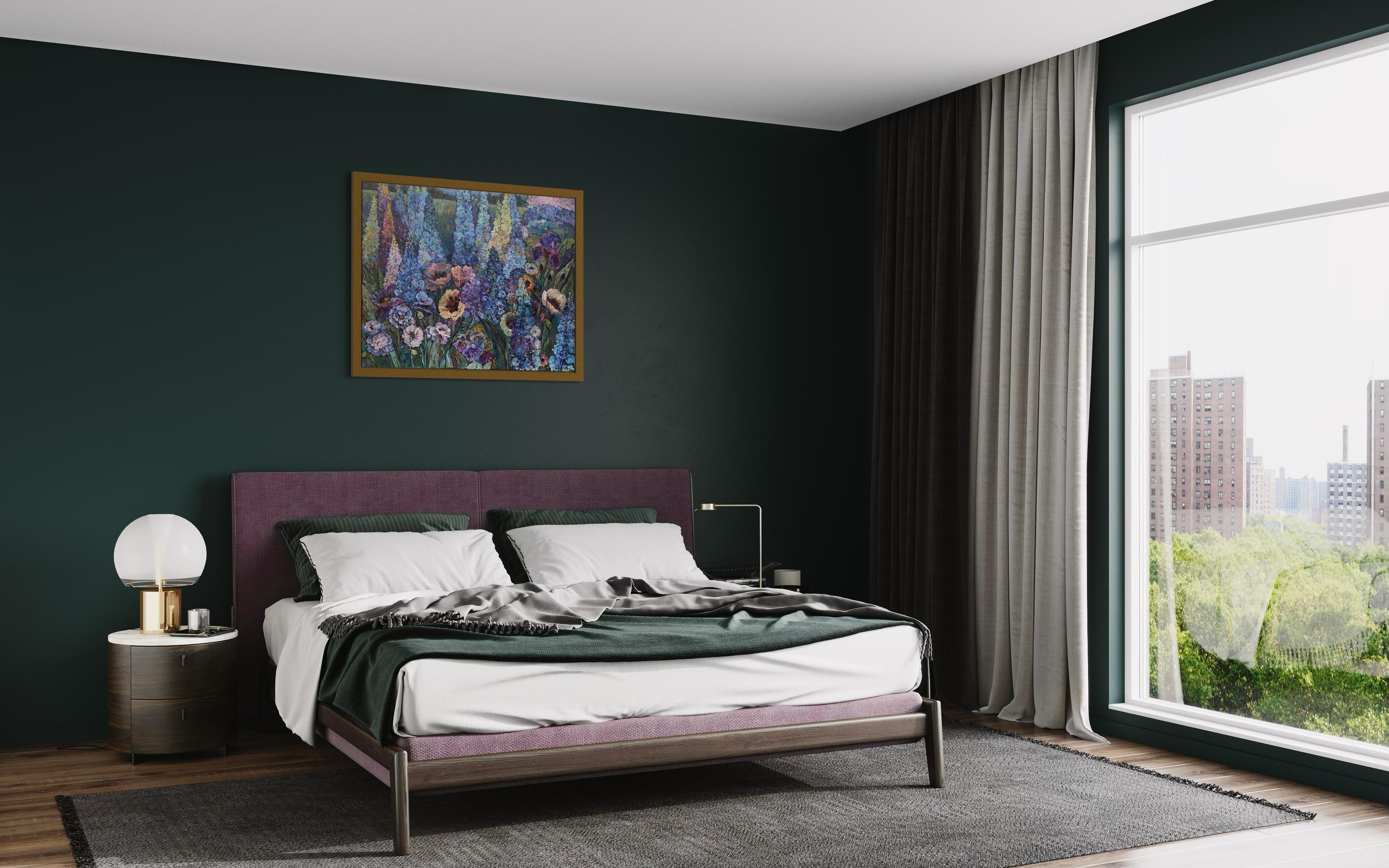« Blue evening », grande peinture florale originale. Huile sur toile Impasto - Gris Landscape Painting par Nadezda Stupina