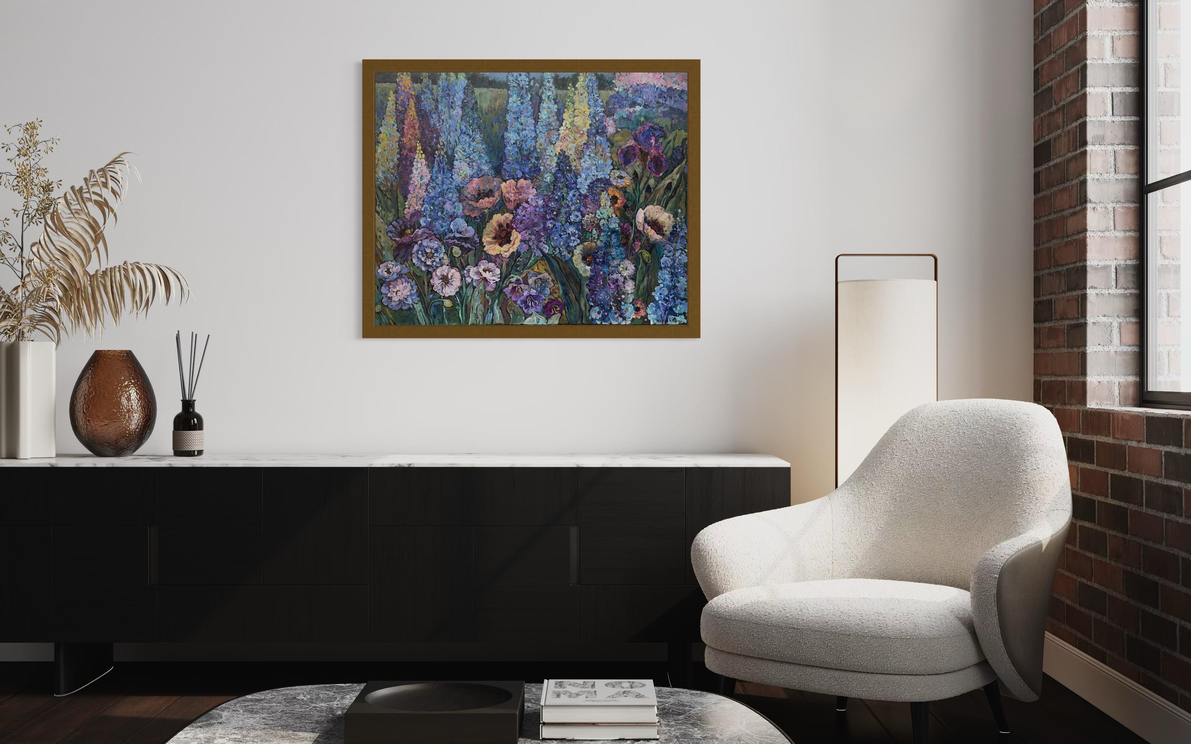 « Blue evening », grande peinture florale originale. Huile sur toile Impasto en vente 1