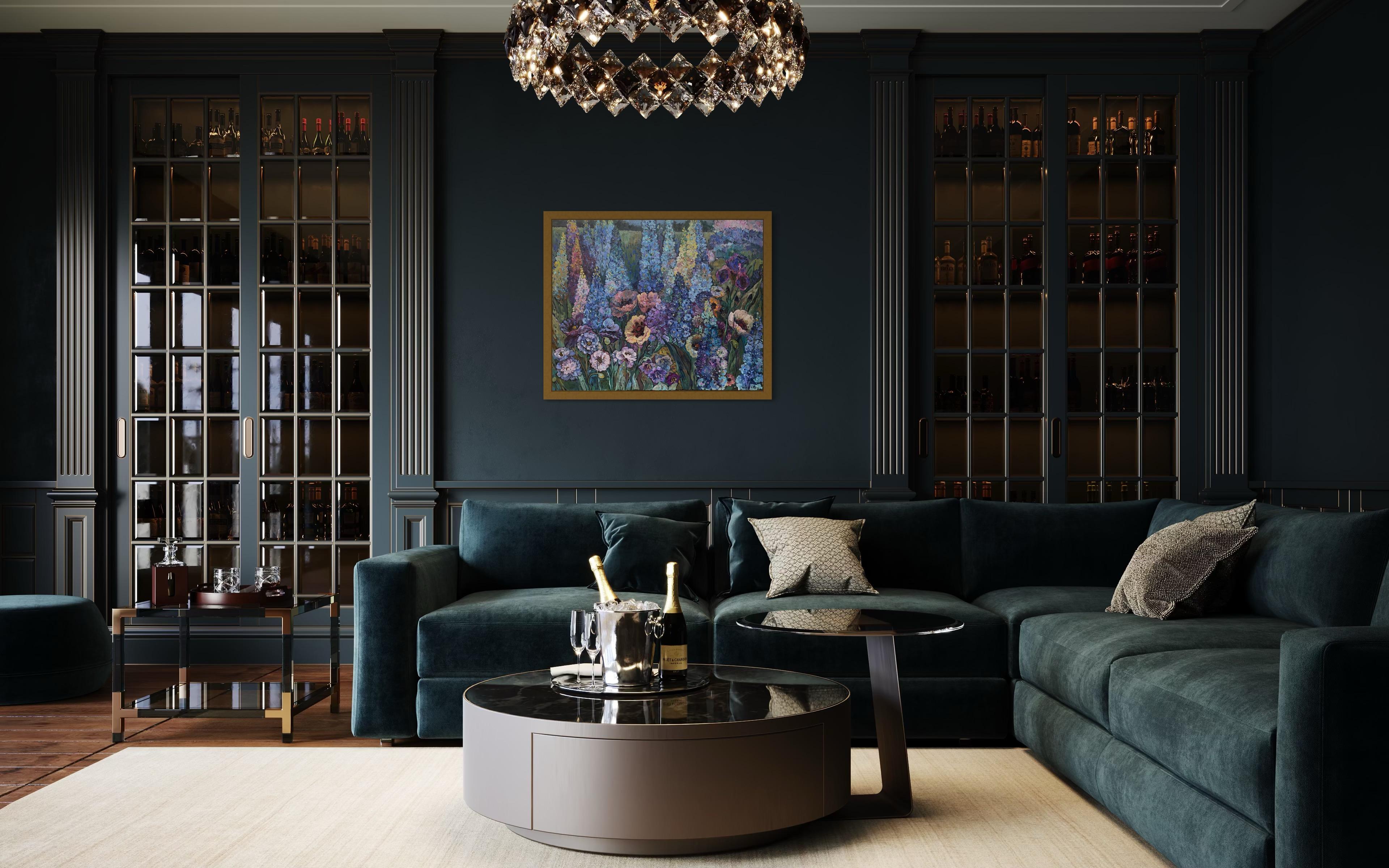 « Blue evening », grande peinture florale originale. Huile sur toile Impasto en vente 3
