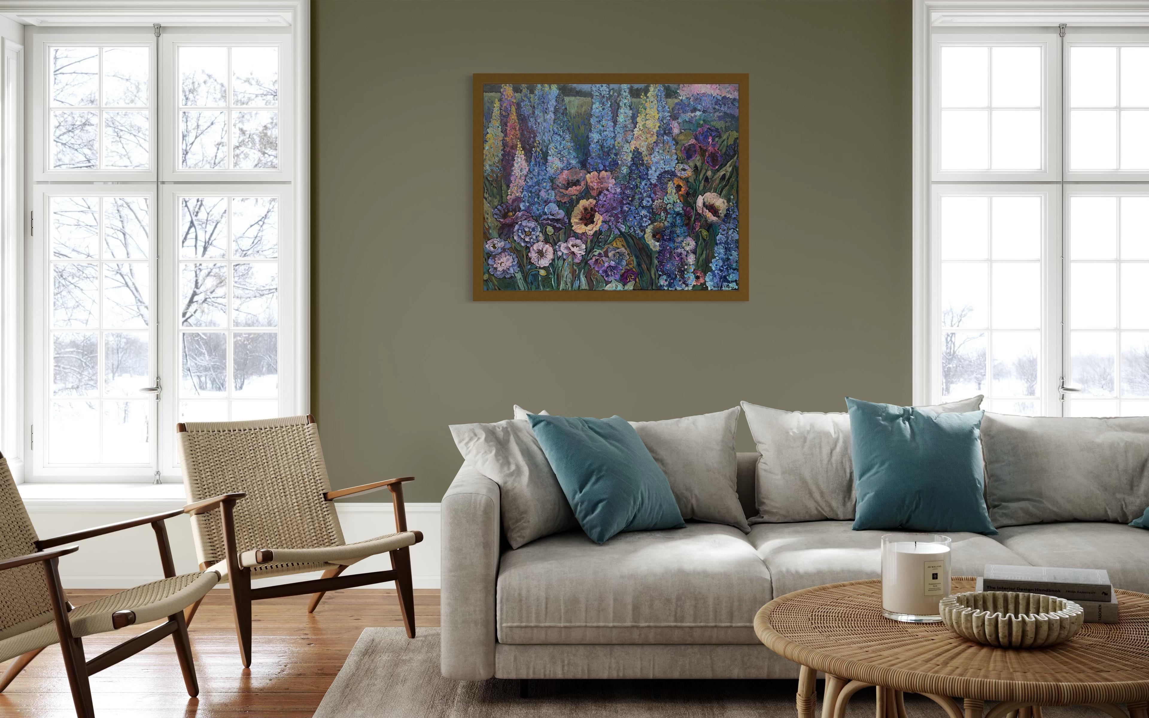 « Blue evening », grande peinture florale originale. Huile sur toile Impasto en vente 4