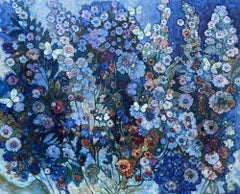 Verano azul . Flor. Pintura al óleo de gran tamaño. Horizontal .