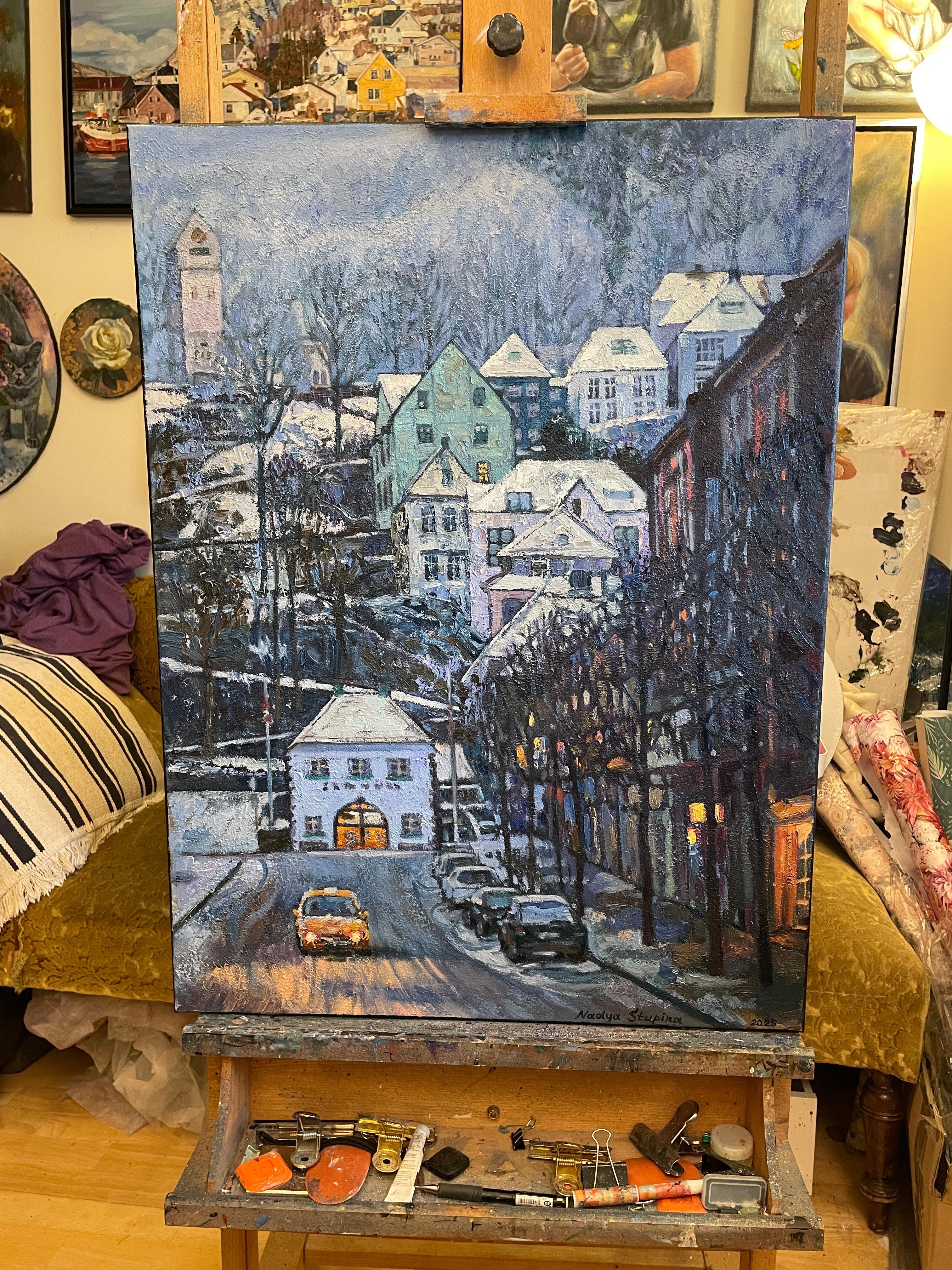 “Blue twilight” Original vertical city landscape. Impasto oil painting . Framed For Sale 5