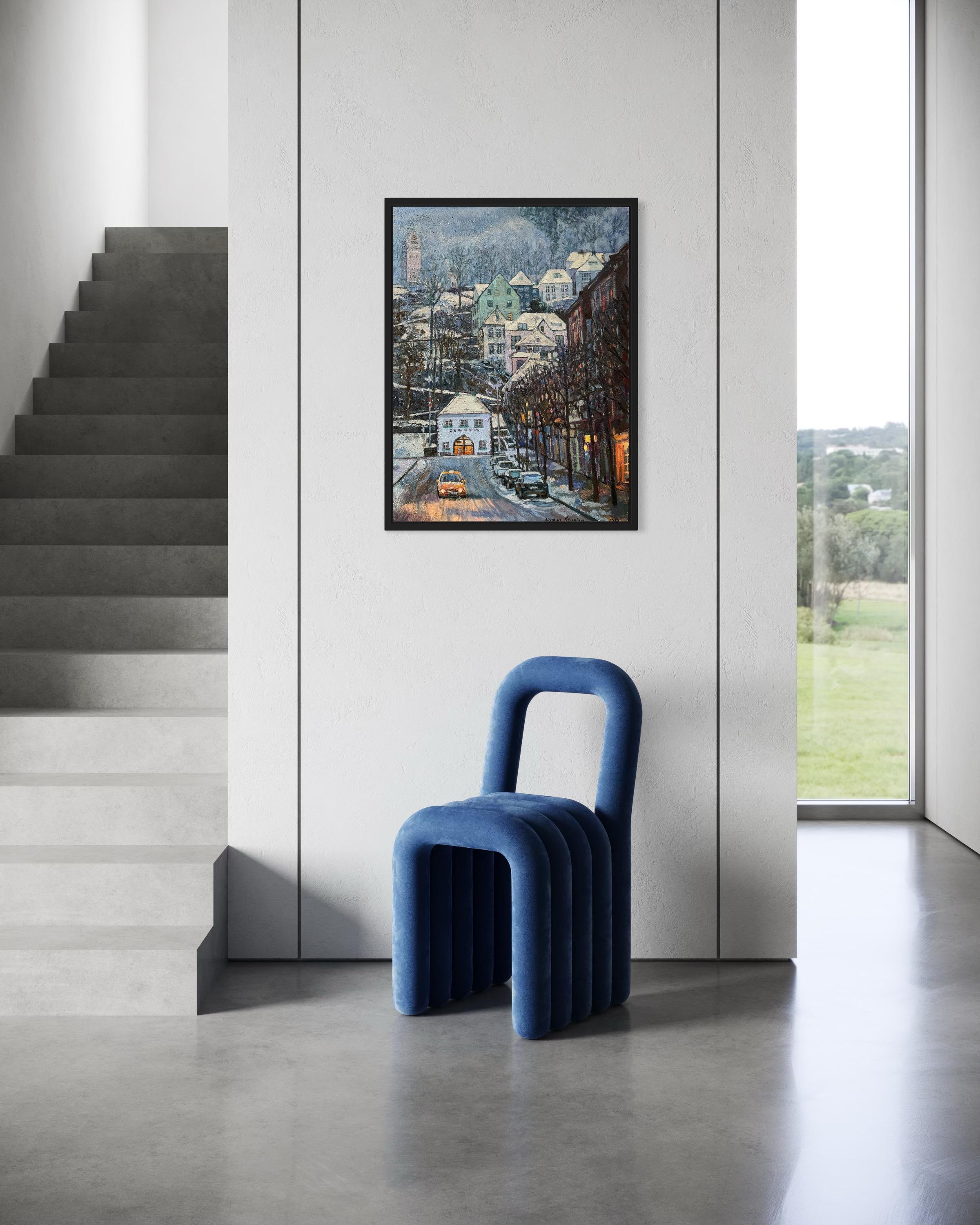 “Blue twilight” Original vertical city landscape. Impasto oil painting . Framed For Sale 6