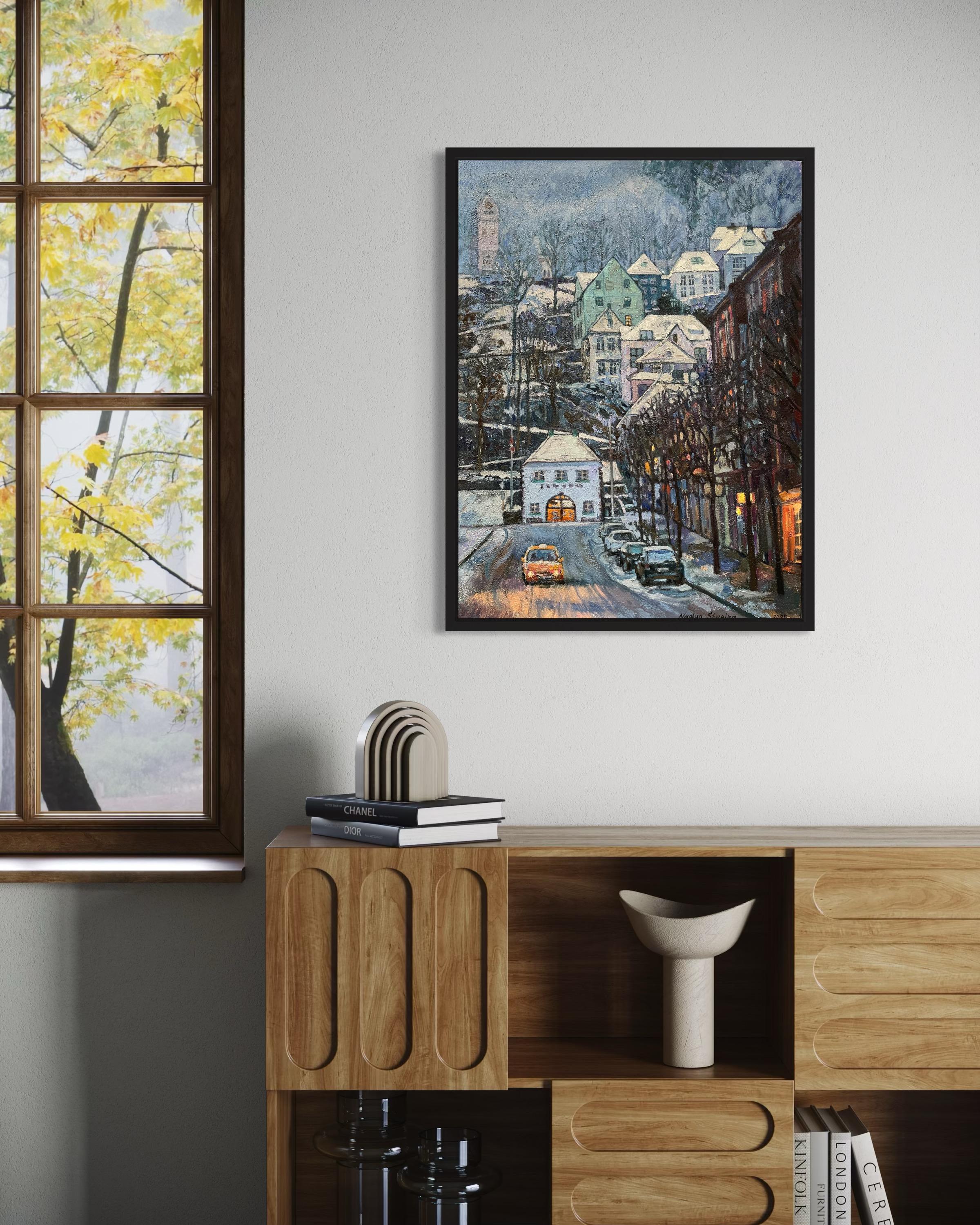“Blue twilight” Original vertical city landscape. Impasto oil painting . Framed For Sale 11