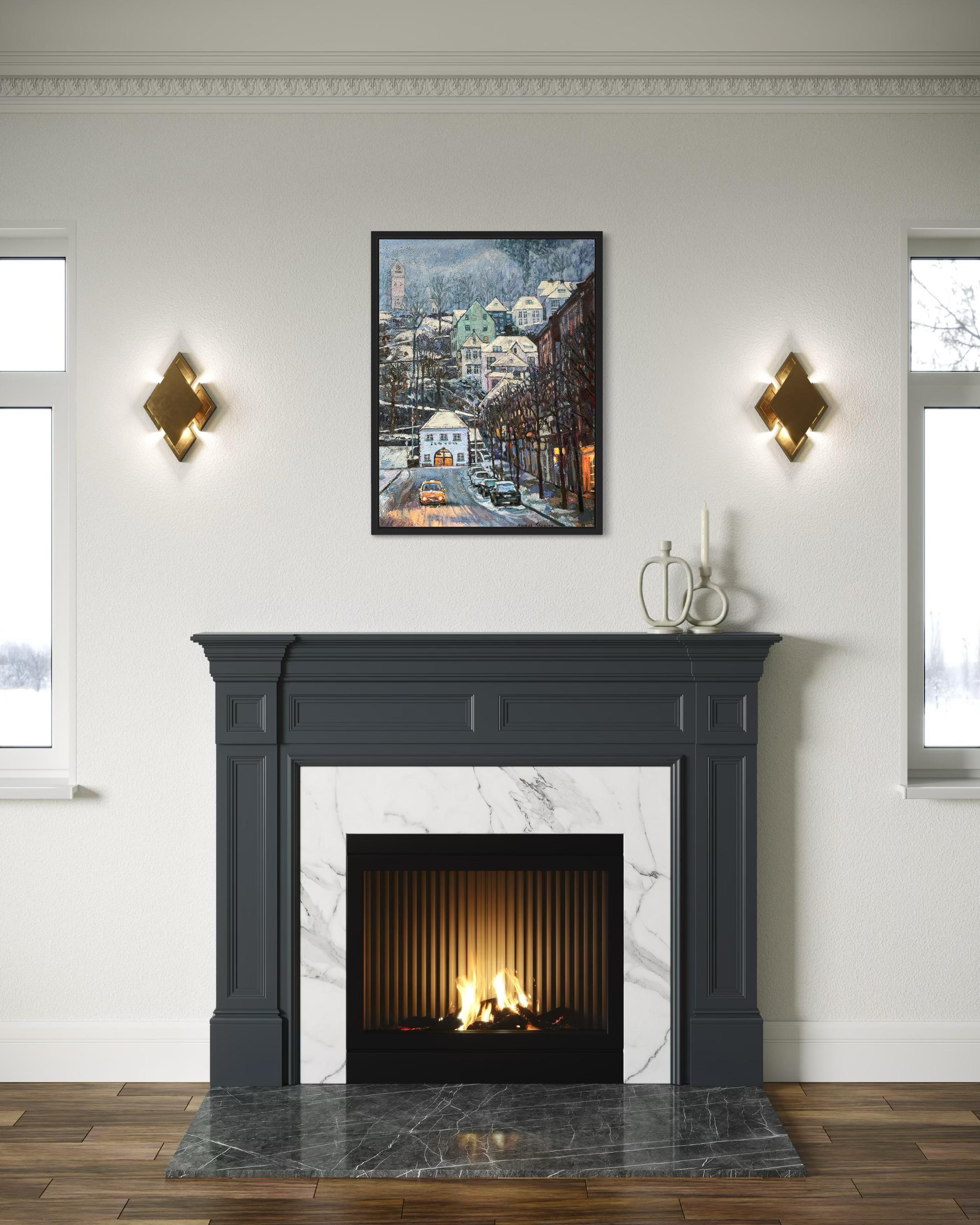 “Blue twilight” Original vertical city landscape. Impasto oil painting . Framed For Sale 12