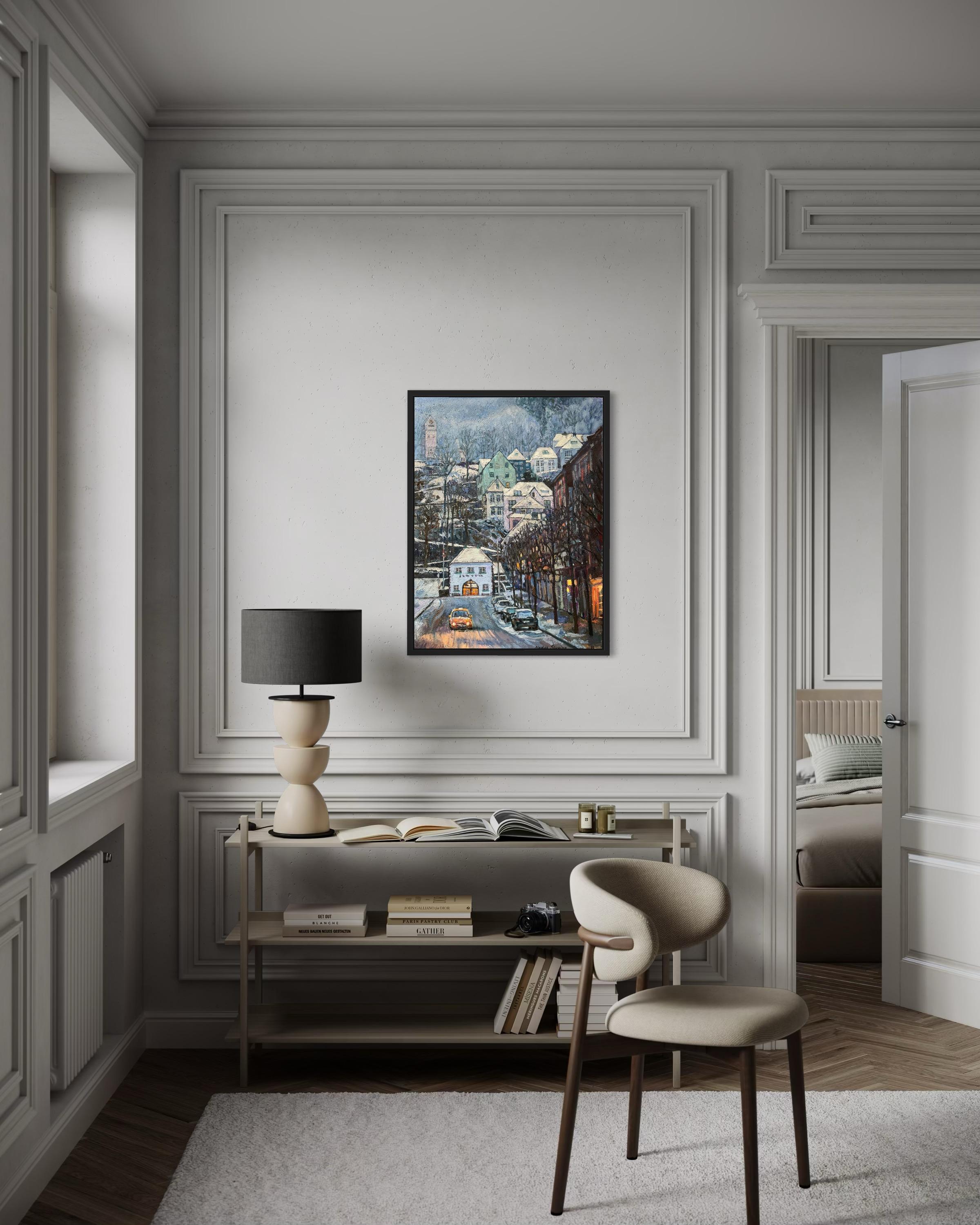 “Blue twilight” Original vertical city landscape. Impasto oil painting . Framed For Sale 13