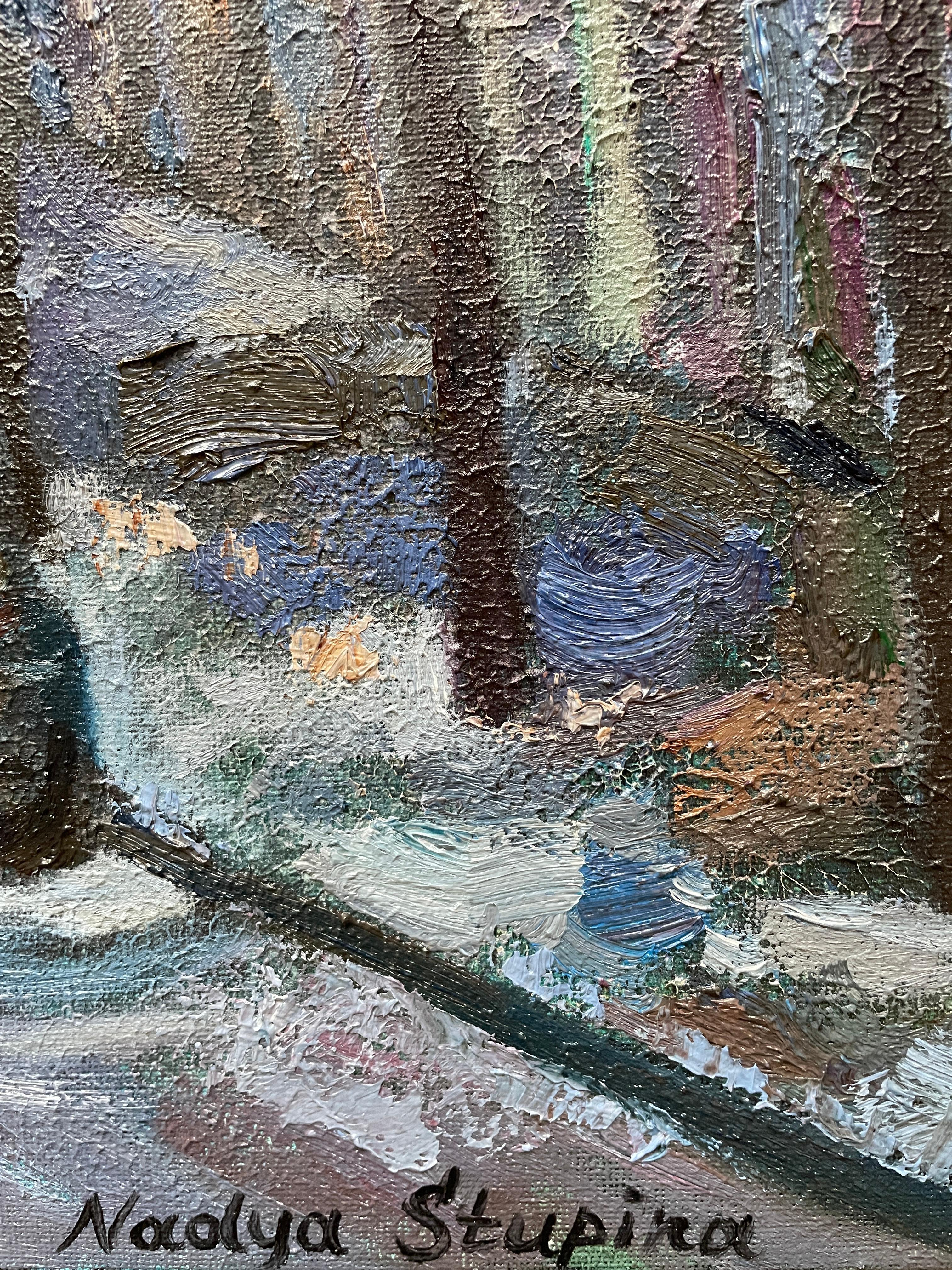 “Blue twilight” Original vertical city landscape. Impasto oil painting . Framed - Painting by Nadezda Stupina