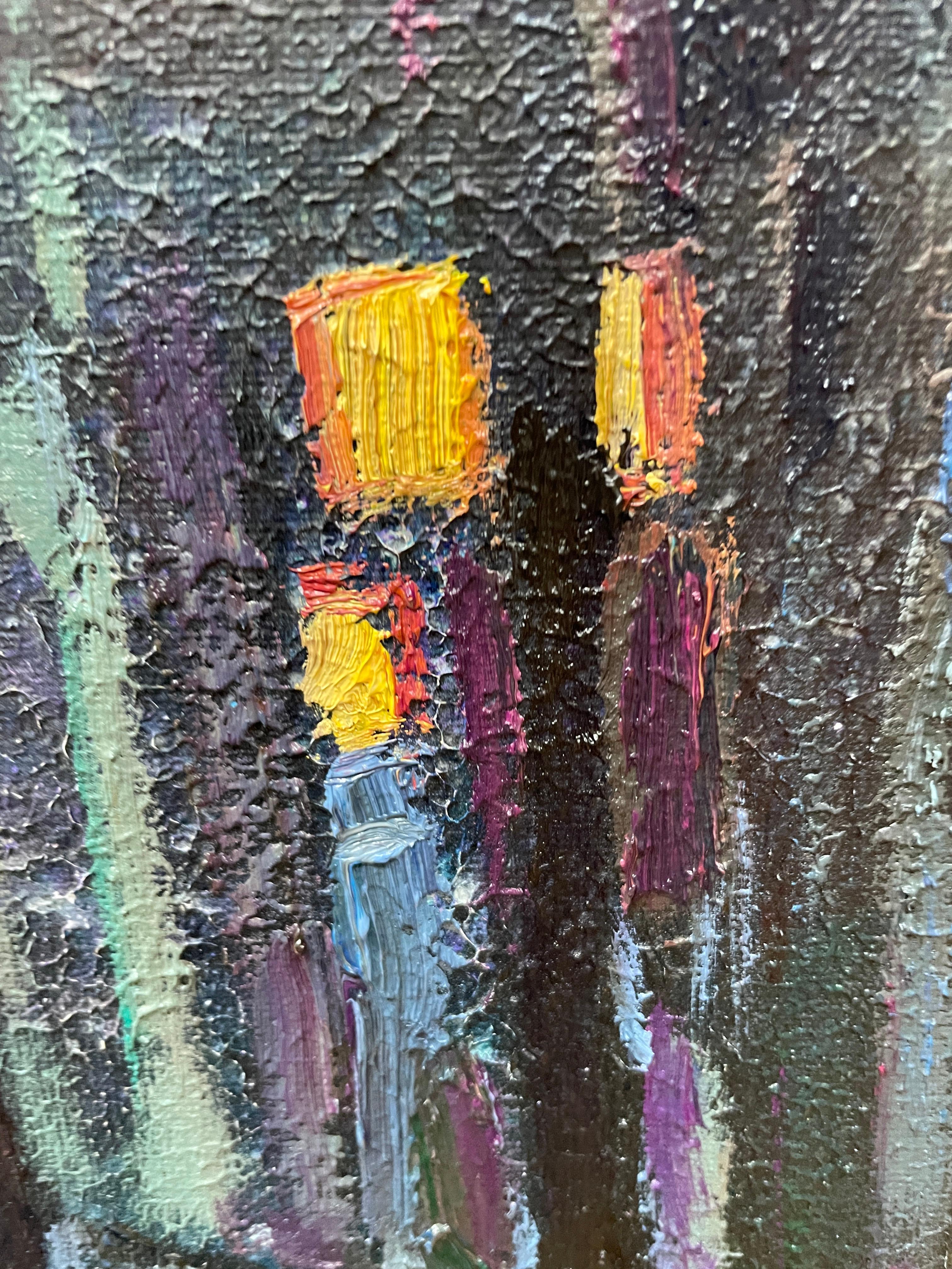 “Blue twilight” Original vertical city landscape. Impasto oil painting . Framed - Gray Landscape Painting by Nadezda Stupina