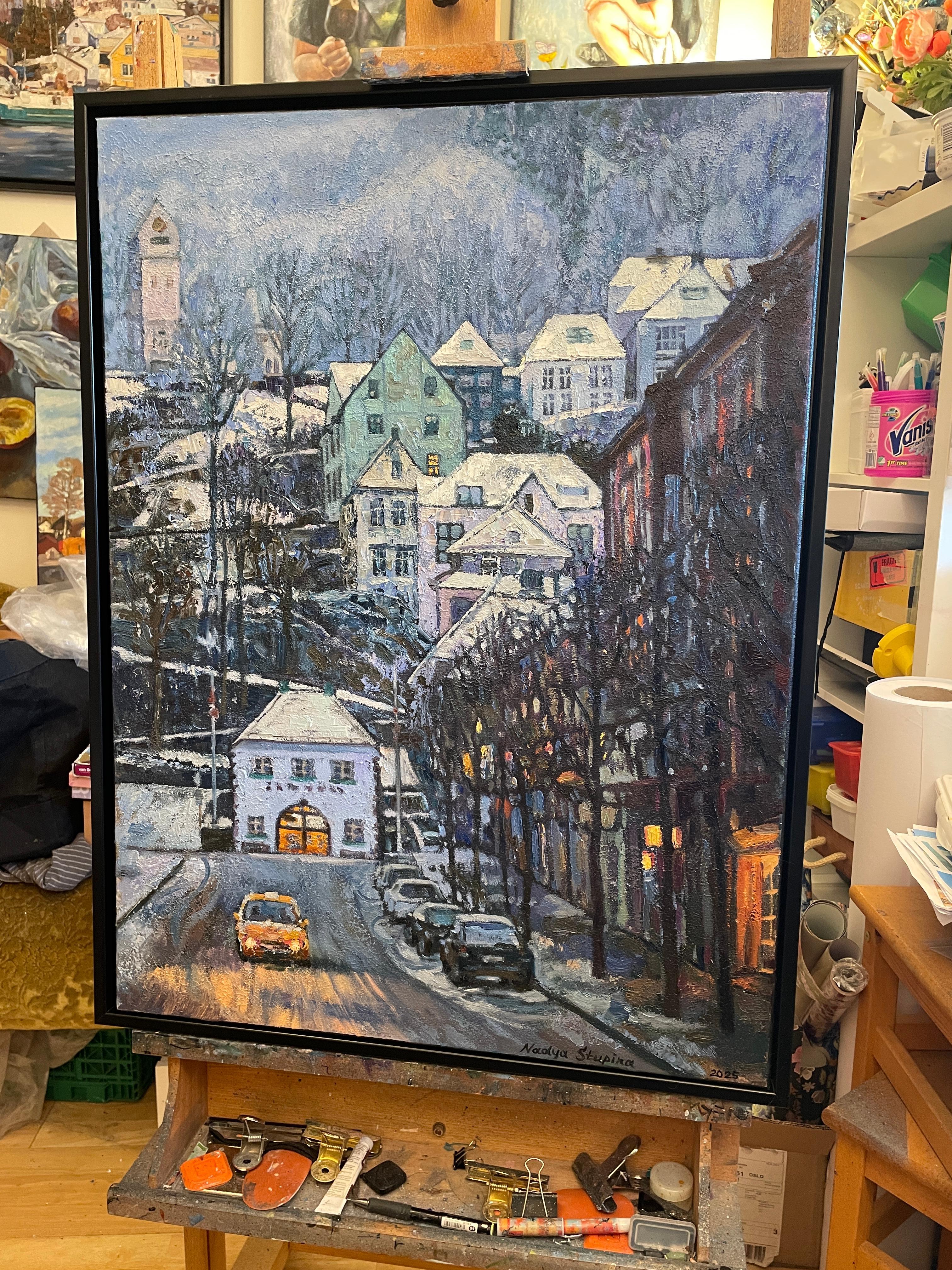 “Blue twilight” Original vertical city landscape. Impasto oil painting . Framed For Sale 2
