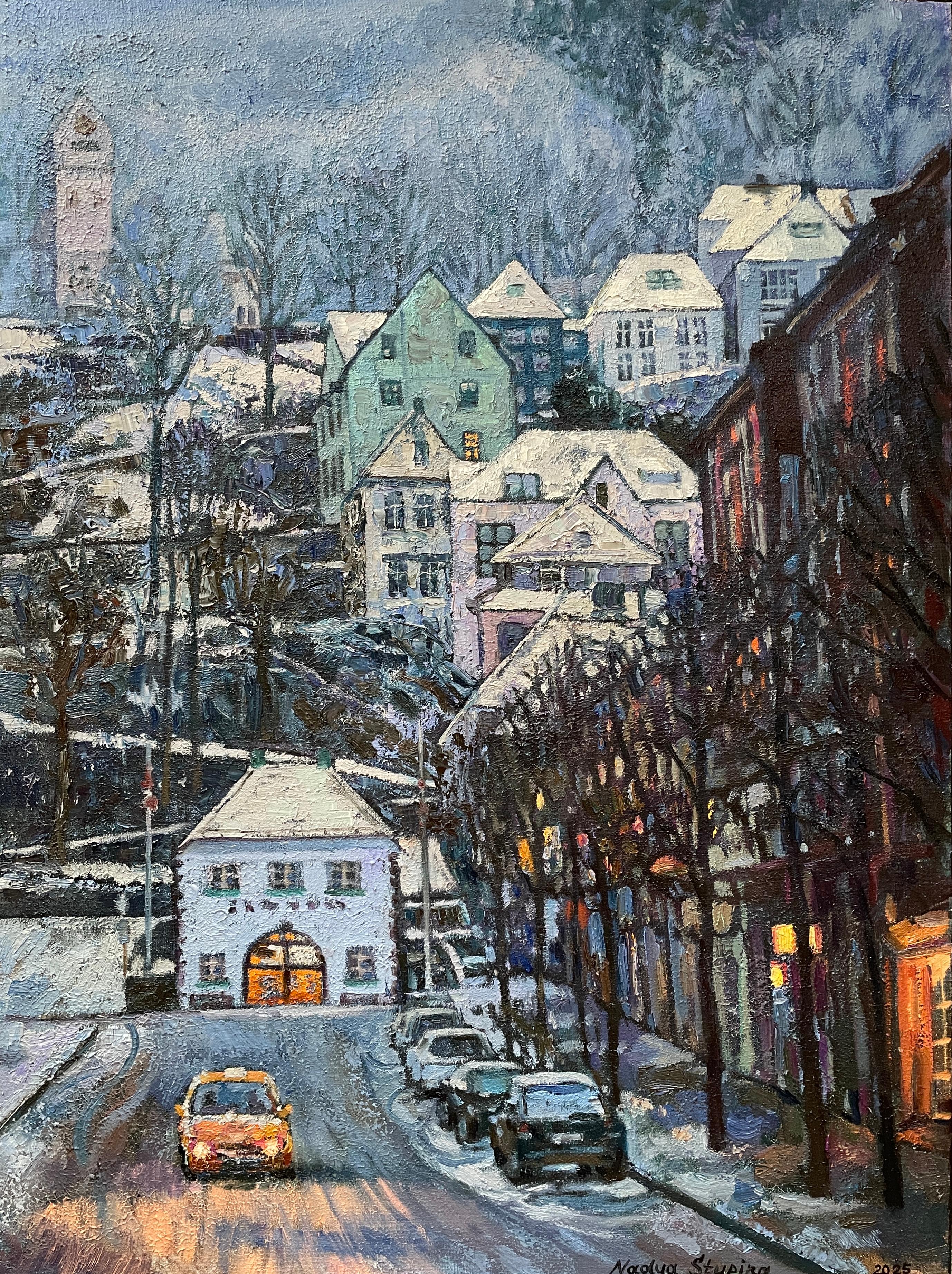 Nadezda Stupina Landscape Painting - “Blue twilight” Original vertical city landscape. Impasto oil painting . Framed