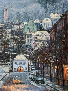 Paysage urbain vertical original bleu crépuscule. Peinture à l'huile Impasto Encadré