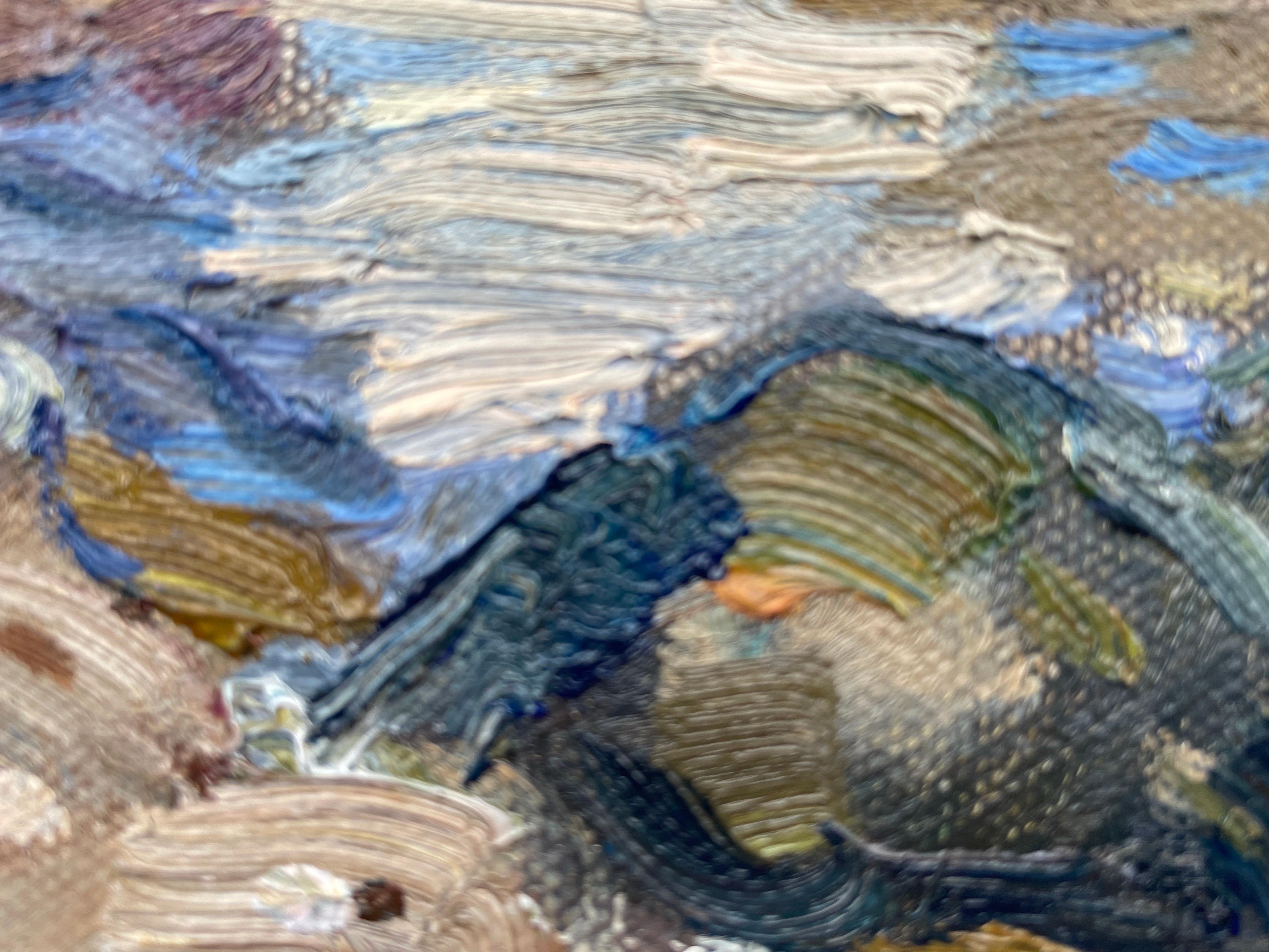 Mit diesem Gemälde wollte ich den rauen Charme und den beständigen Geist des Küstenlebens einfangen. Mit Ölfarben habe ich mich dem Expressionismus verschrieben, um nicht nur die physische Landschaft, sondern auch die emotionale Resonanz eines