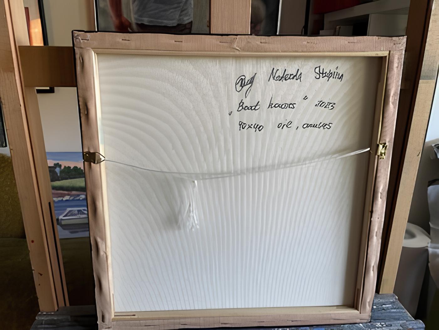 Quadratisches kleines Ölgemälde „ Bootshäuser“. Impressionismus. Öl auf Leinwand – Painting von Nadezda Stupina