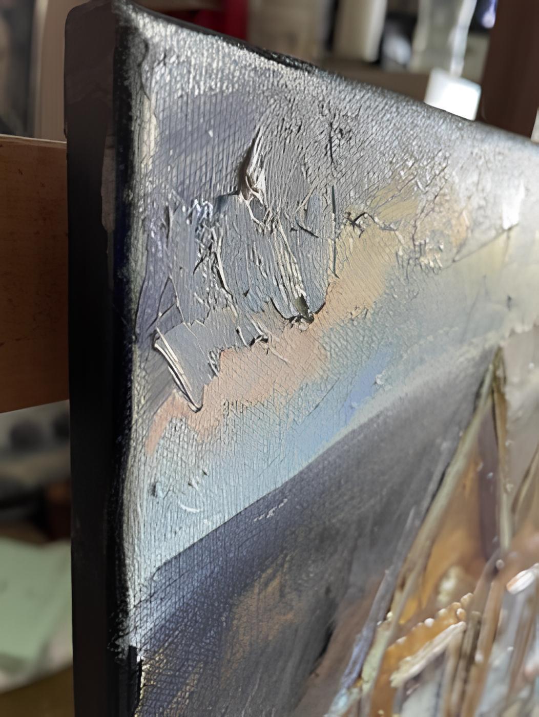 Quadratisches kleines Ölgemälde „ Bootshäuser“. Impressionismus. Öl auf Leinwand (Post-Impressionismus), Painting, von Nadezda Stupina