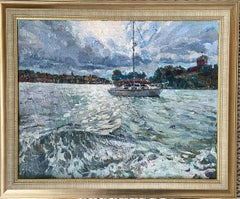 Bootsfahrt. Originalgemälde mit Meeresmotiv. Impasto . Mittlere Größe. Goldener Rahmen