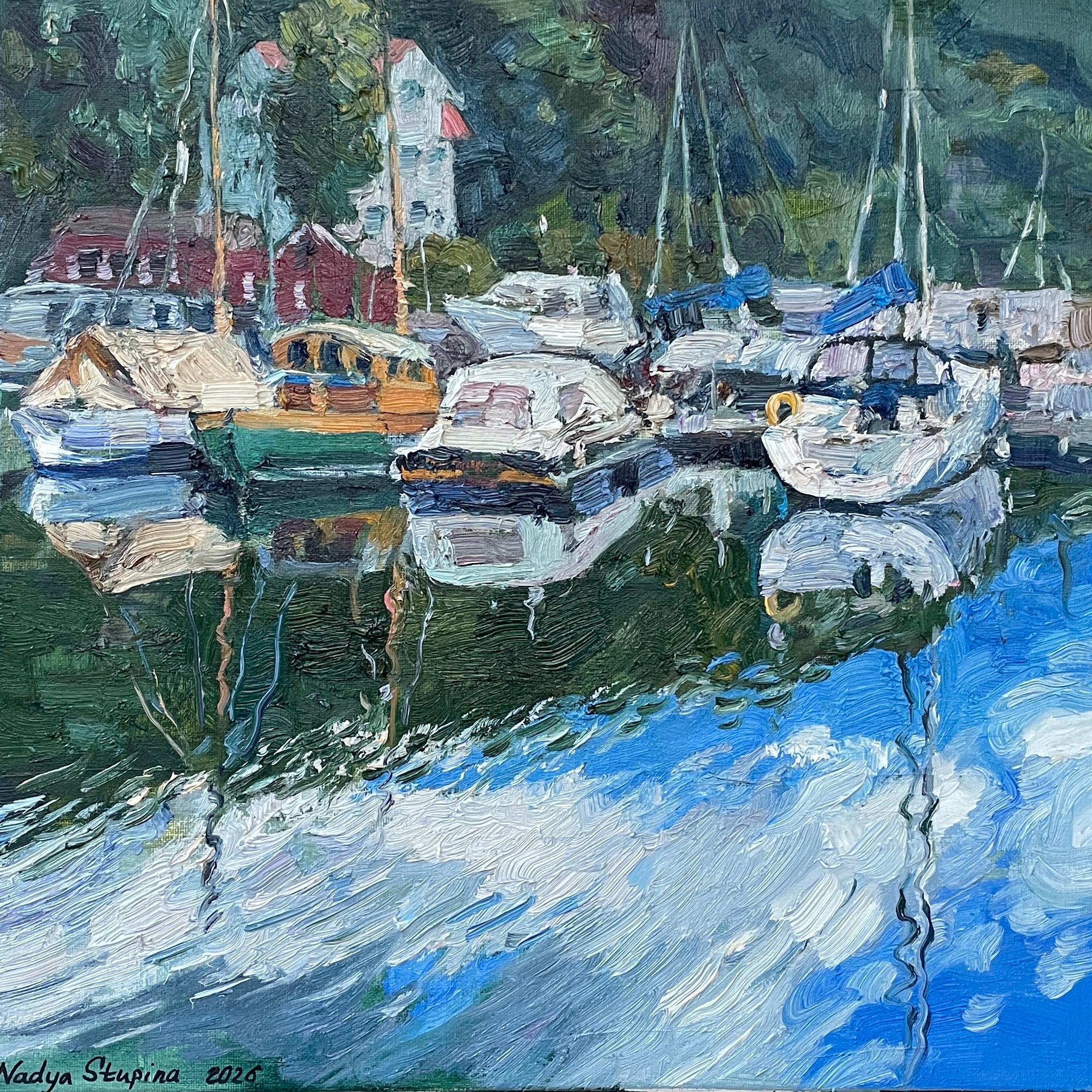 Boats in the Paddehavet. Original impressionistic landscape. Small size impasto