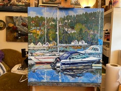 «Boats in the Paddehavet» Original impressionistic landscape . Square . Impasto.