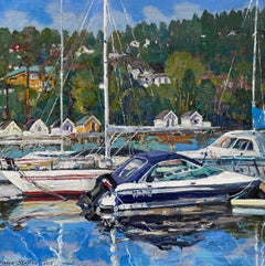 "Barcos en el Paddehavet" Original paisaje impresionista . Cuadrado . Impasto.