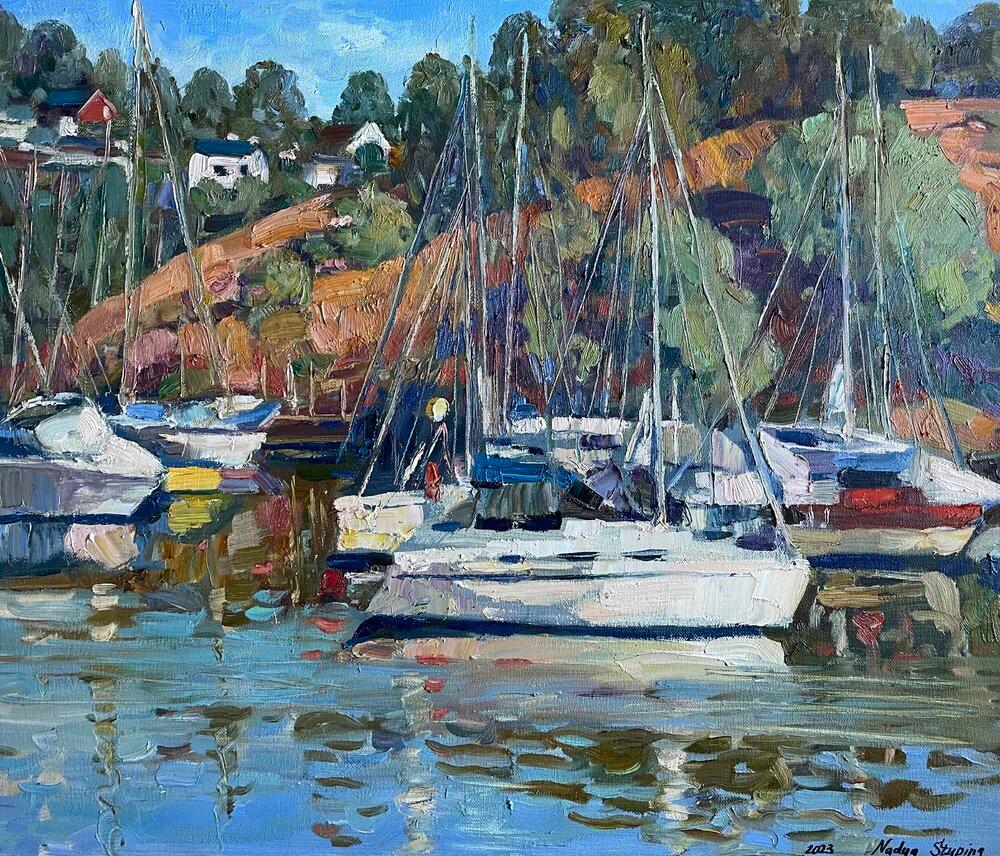 Nadezda Stupina Landscape Painting - Boats on the pier