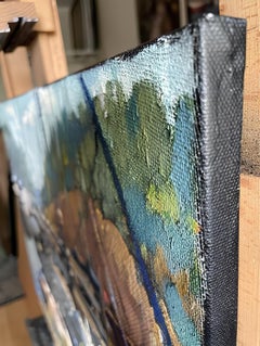 "Boats on the pier" Original impressionistic landscape .Plain air oil painting