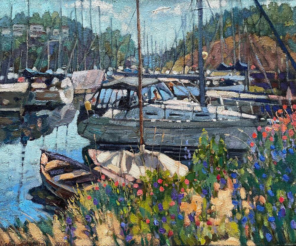 „Boats on the pier“ Original impressionistische Landschaft .Plain air Ölgemälde