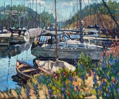 "Barche sul molo" Paesaggio impressionistico originale .Pittura ad olio en plain air