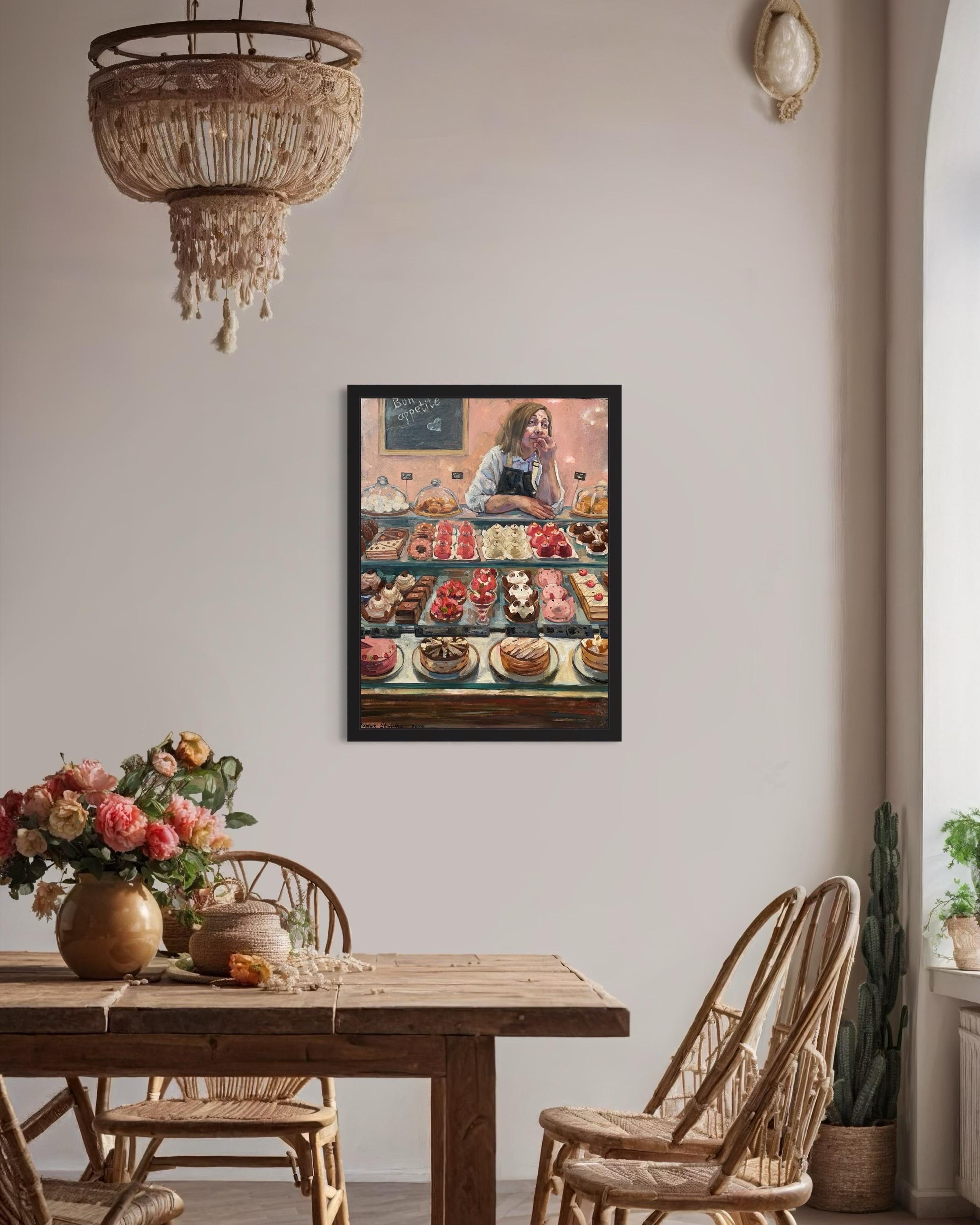 Questa straordinaria opera d'arte racchiude l'essenza di una vivace pasticceria, mettendo in mostra un ricco arazzo di delizie dolciarie. Il quadro si anima con una serie di pasticcini e dessert, meticolosamente disposti in una vetrina. L'uso di