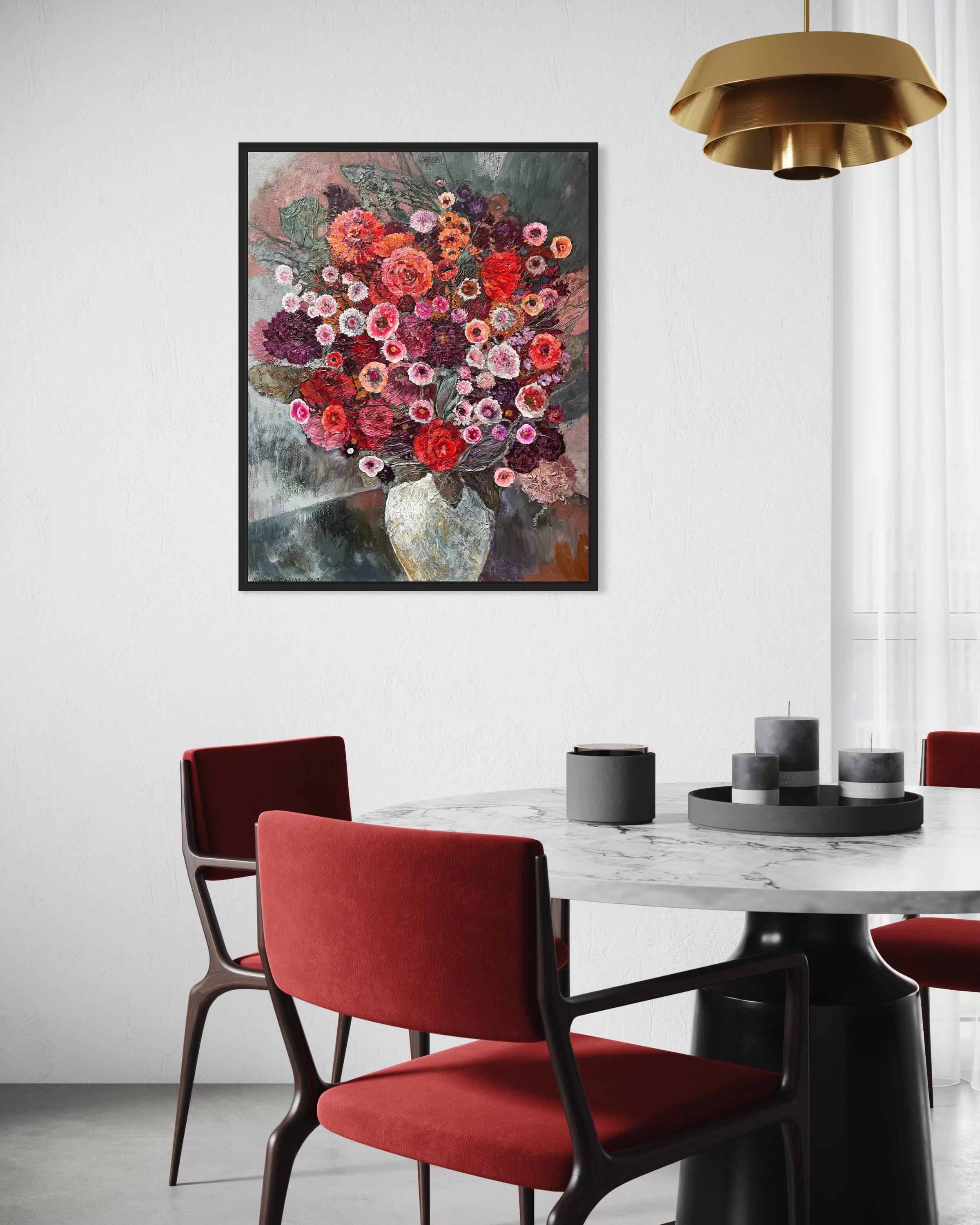 «Bouquet in a white vase» Original large floral painting. Decorative, impasto. For Sale 9