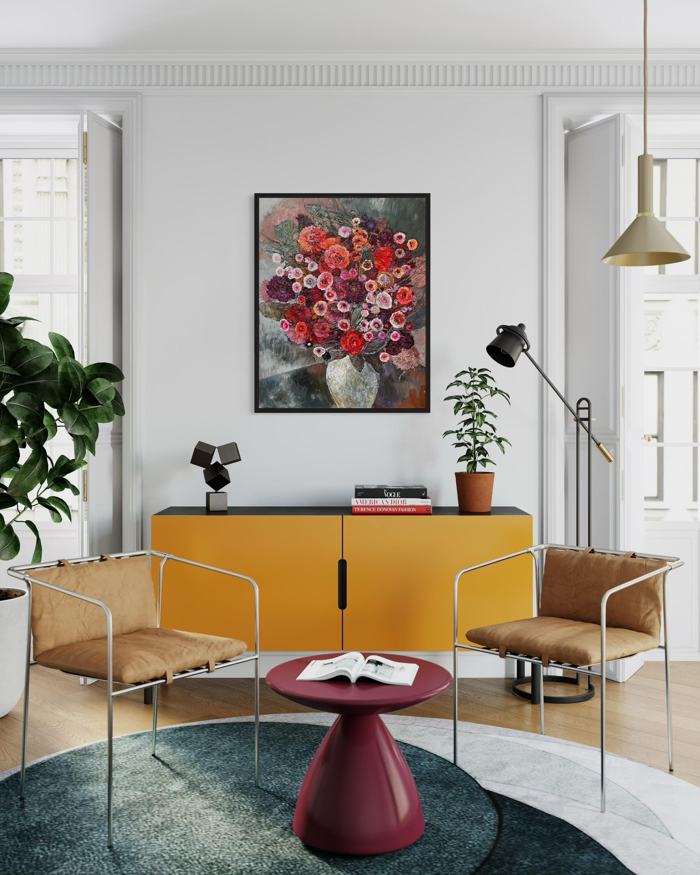 «Bouquet in a white vase» Original large floral painting. Decorative, impasto. For Sale 11