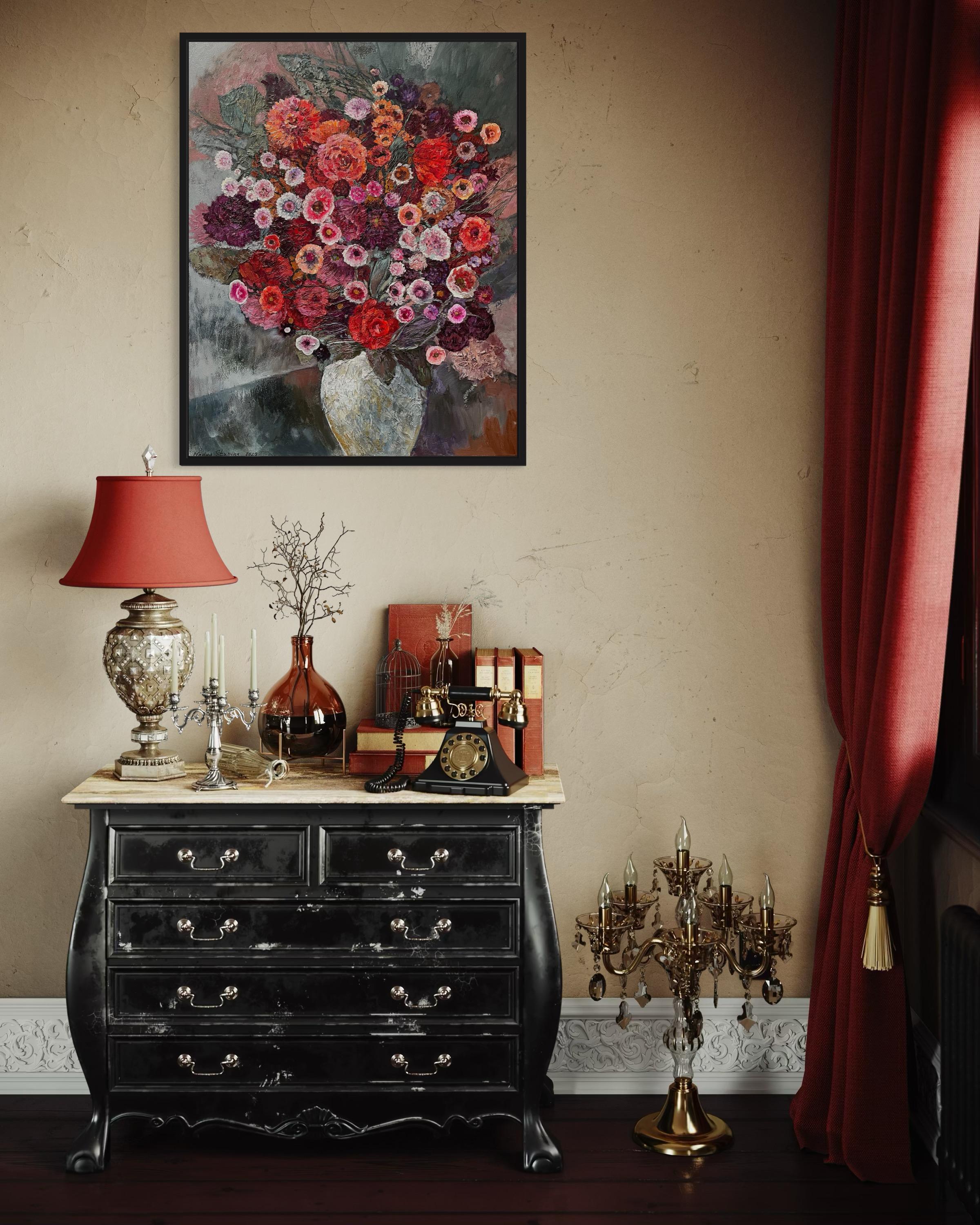 «Bouquet in a white vase» Original large floral painting. Decorative, impasto. For Sale 12