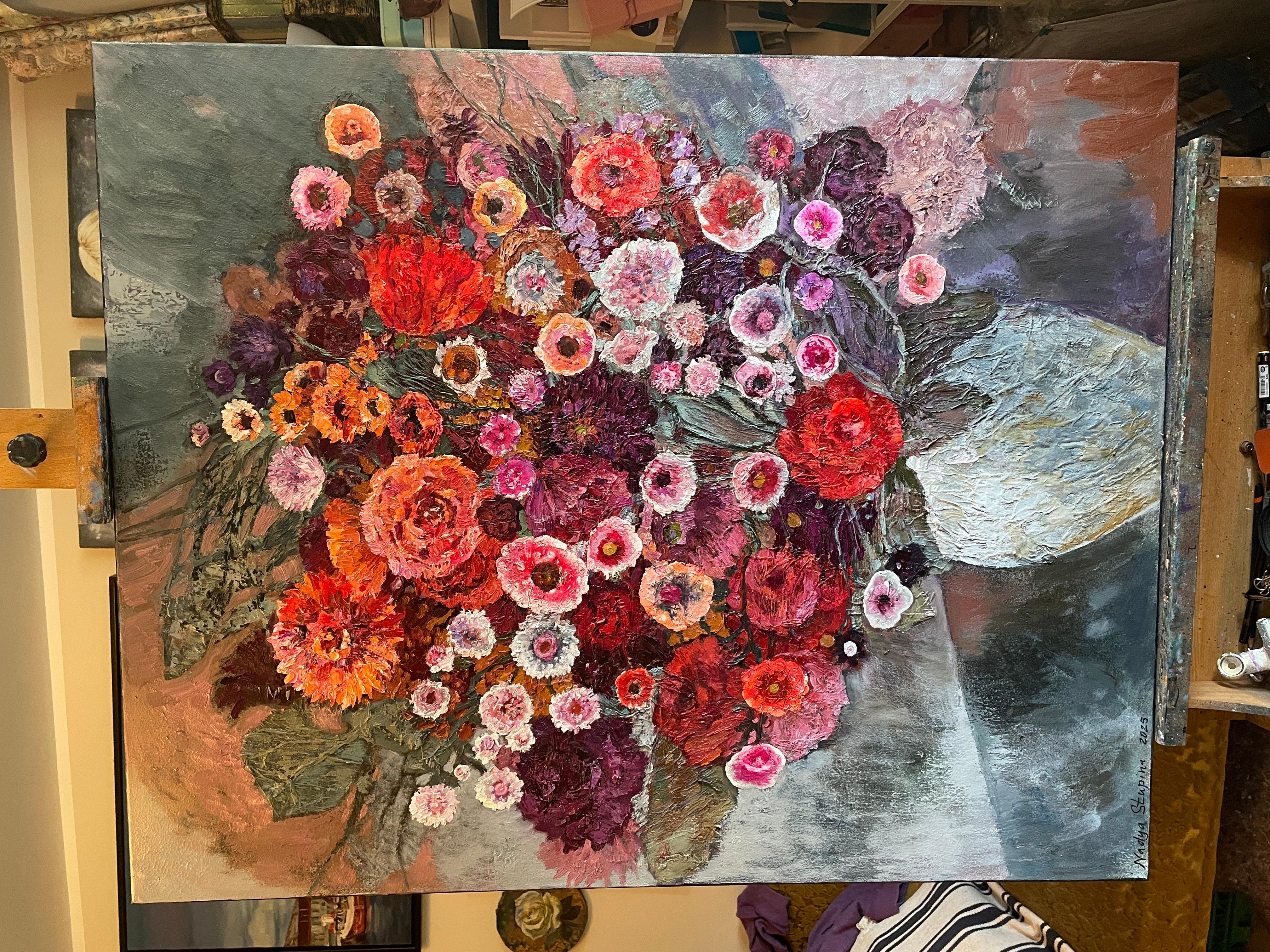 «Bouquet in a white vase» Original large floral painting. Decorative, impasto. - Painting by Nadezda Stupina
