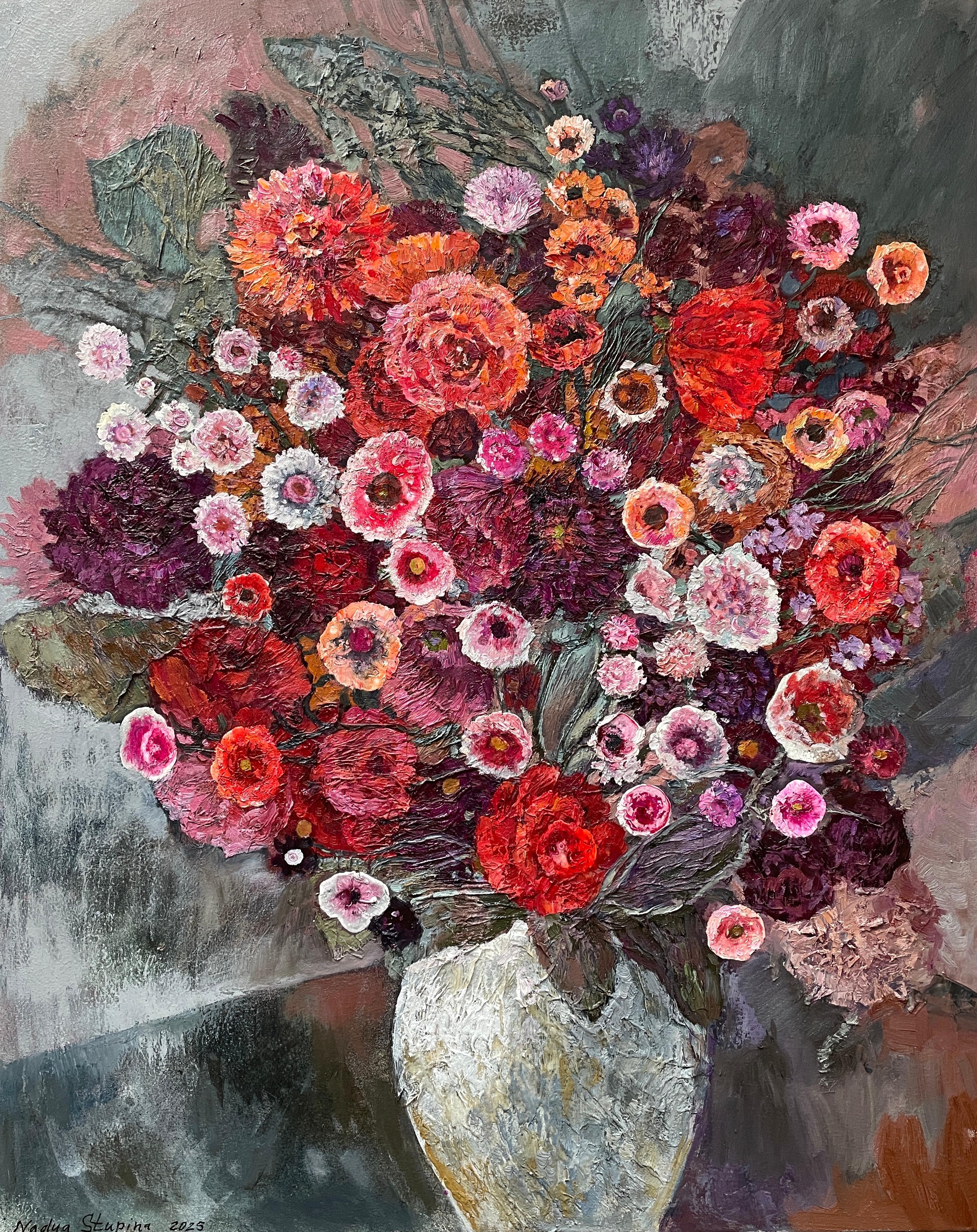 Bouquet in a white vase . Original large floral painting . Decorative , impasto.