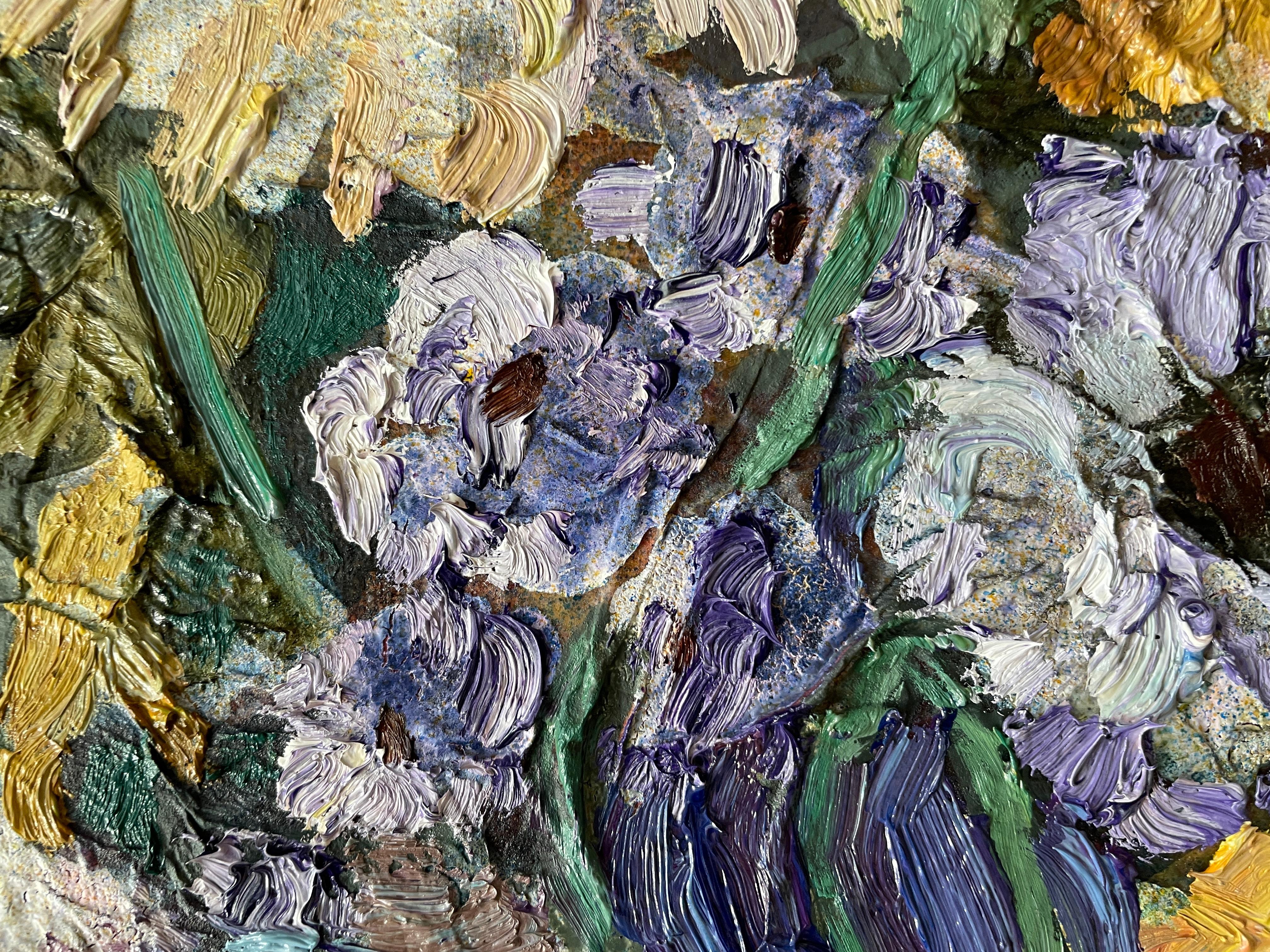 Quest'opera d'arte mostra un vibrante bouquet di fiori, reso meticolosamente in un ricco arazzo di colori e texture. L'artista utilizza un'audace tecnica a impasto che conferisce ai soggetti floreali una qualità tridimensionale che balza fuori dalla