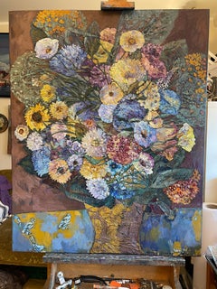 Bouquet dans un vase jaune, peinture impressionniste à l'huile sur toile, encadrée