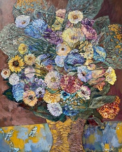 Bouquet dans un vase jaune, peinture impressionniste à l'huile sur toile, encadrée