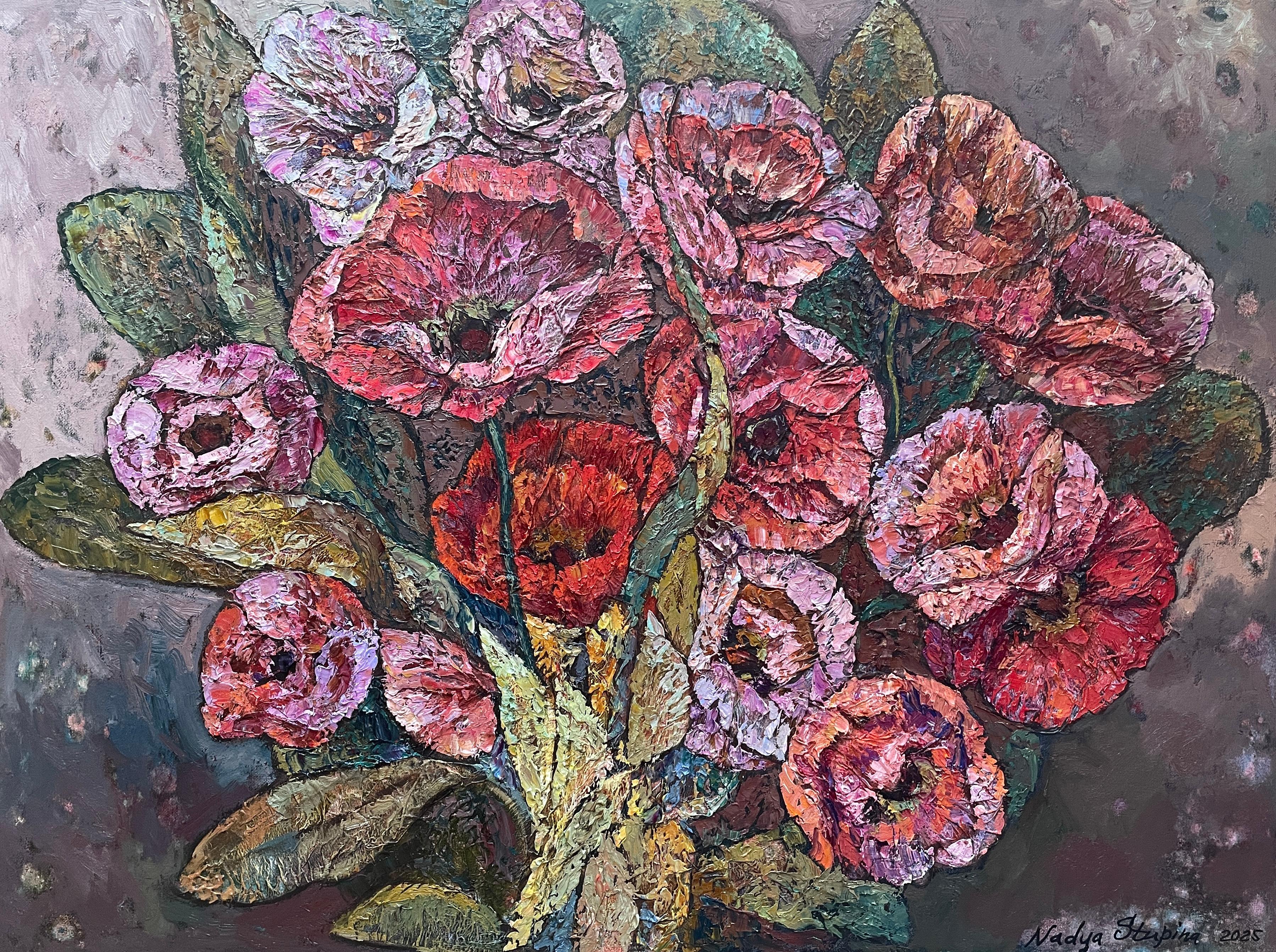 Still-Life Painting de Nadezda Stupina - "Ramo de amapolas" Pintura floral impresionista original . Óleo empastado