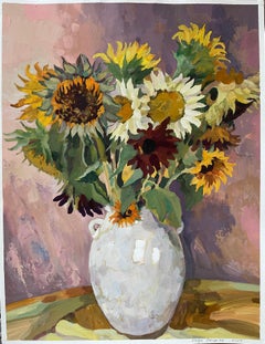 "Bouquet di girasoli in un vaso bianco".  Pittura floreale originale. Arredamento per la casa
