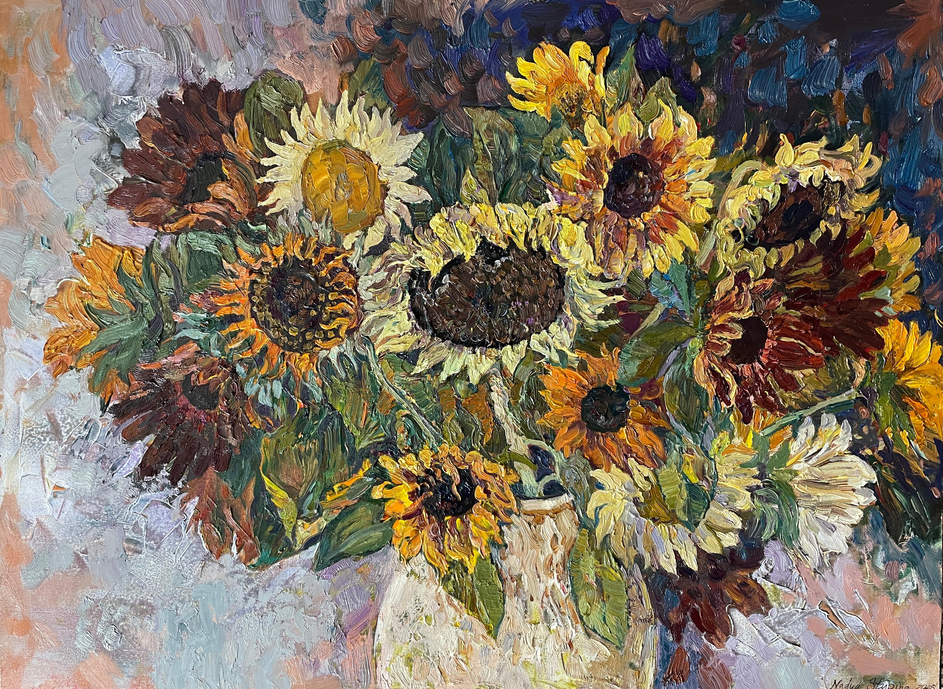 Still-Life Painting Nadezda Stupina - "Bouquet de tournesols" Peinture florale impressionniste originale. Impasto