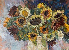 "Ramo de girasoles" Pintura floral original impresionista . Impasto