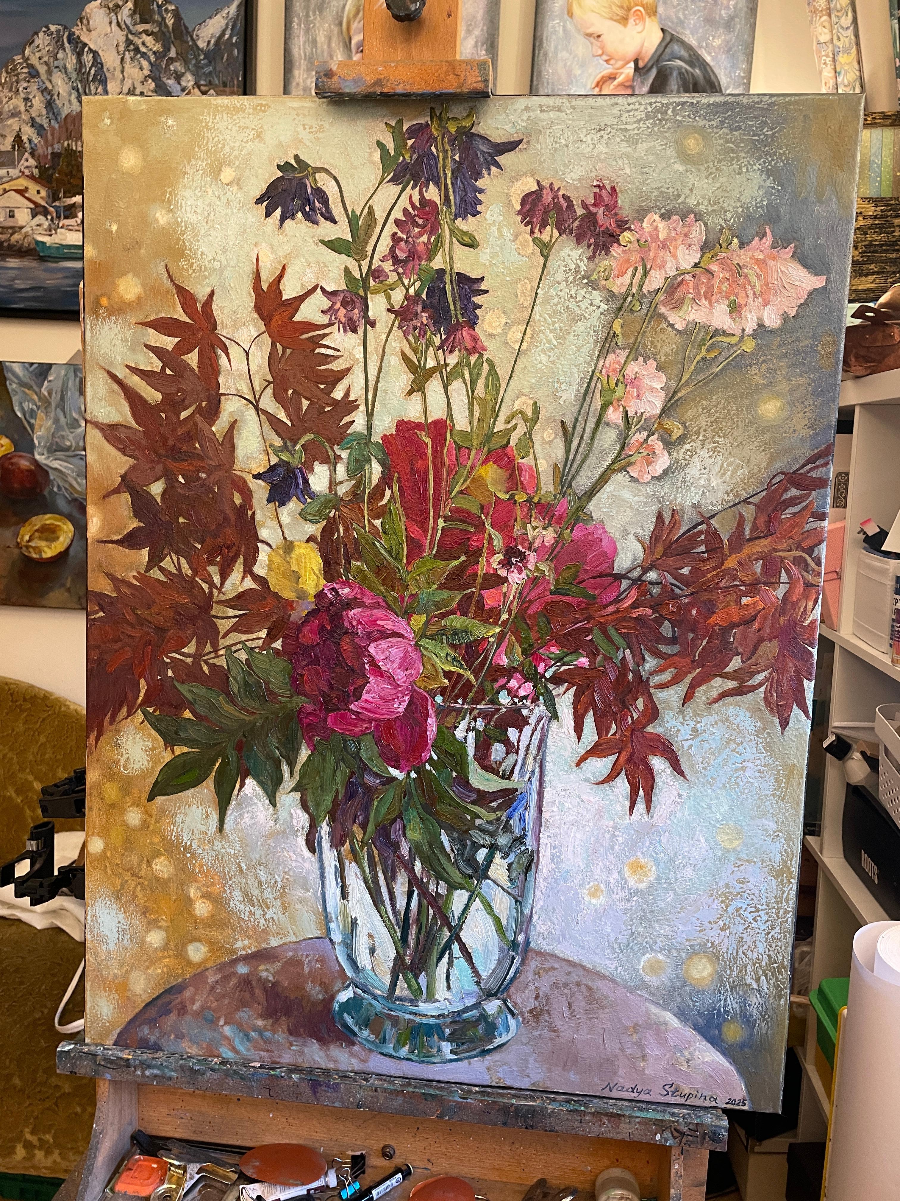 Bouquet avec érable japonais Peinture florale d'origine à l'huile Vertical . en vente 5