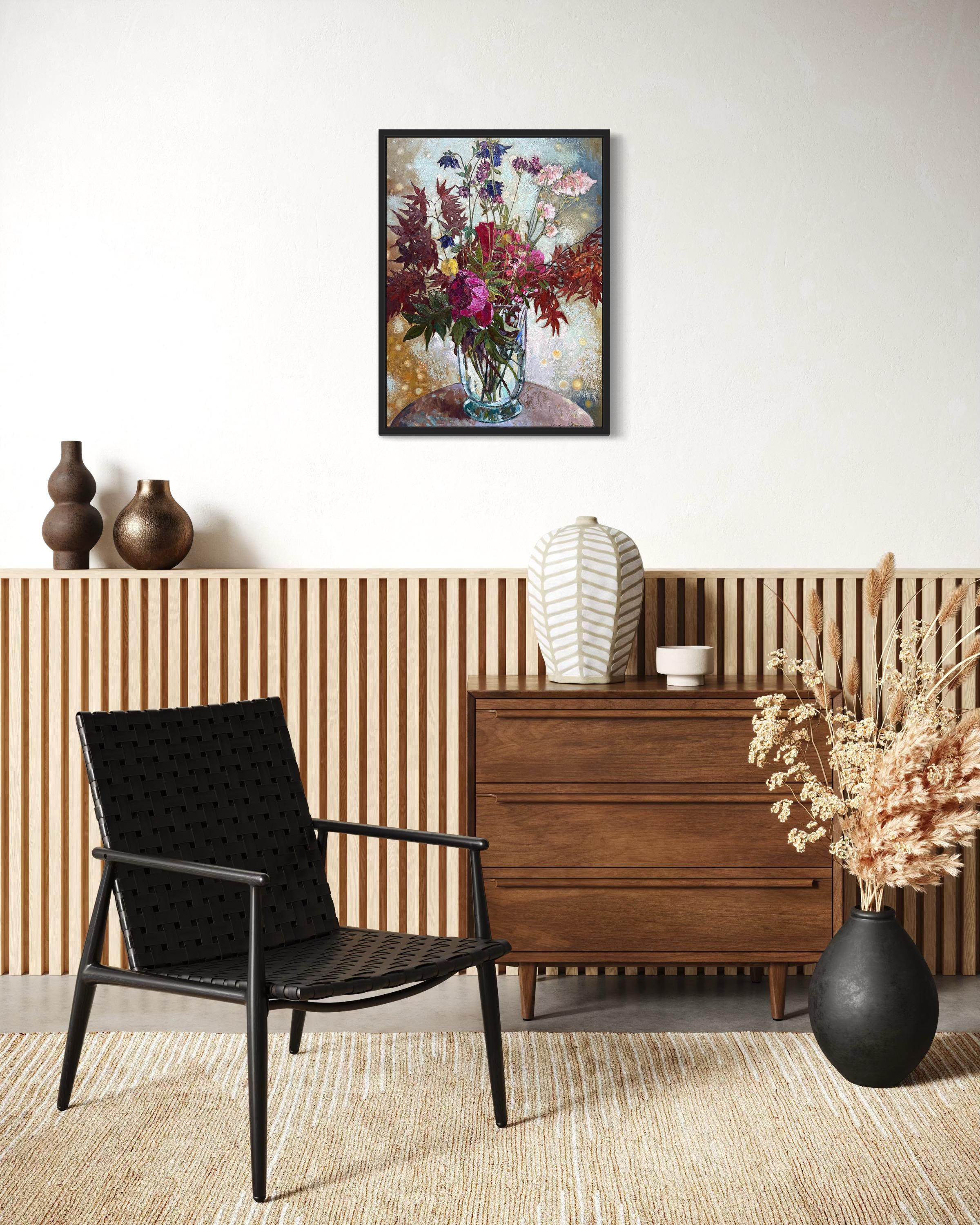 Bouquet avec érable japonais Peinture florale d'origine à l'huile Vertical . en vente 11