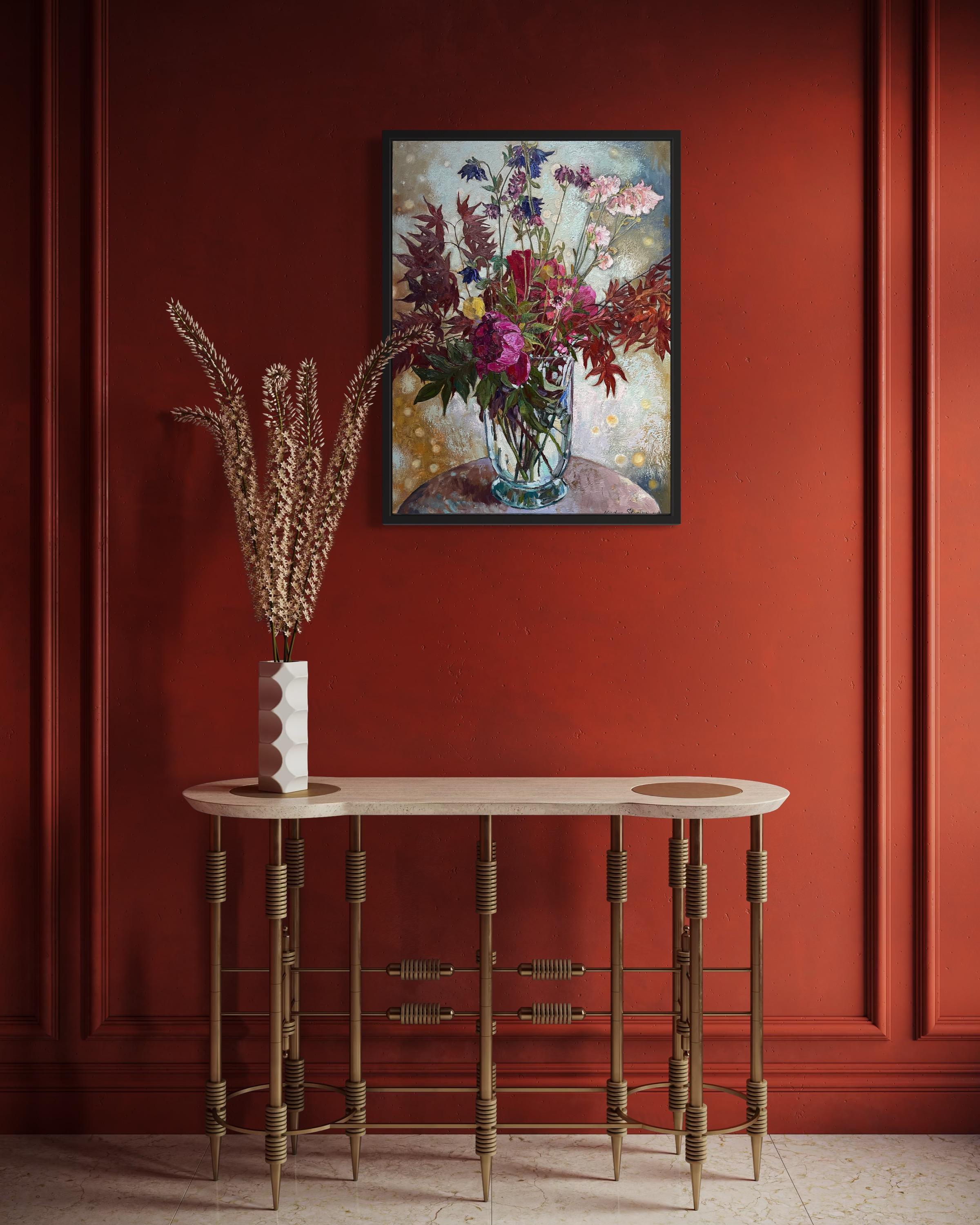 Bouquet avec érable japonais Peinture florale d'origine à l'huile Vertical . en vente 12