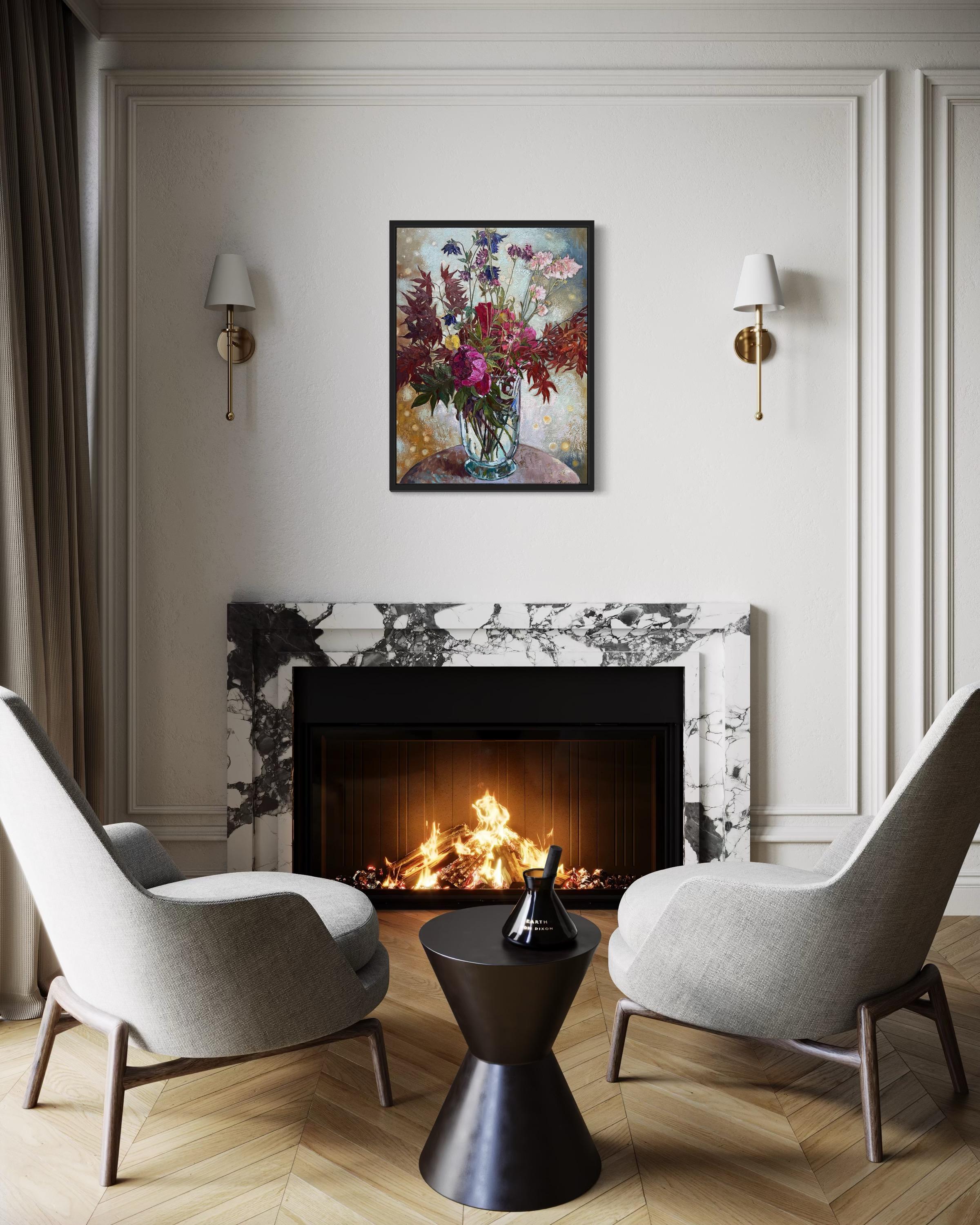 Bouquet avec érable japonais Peinture florale d'origine à l'huile Vertical . en vente 13