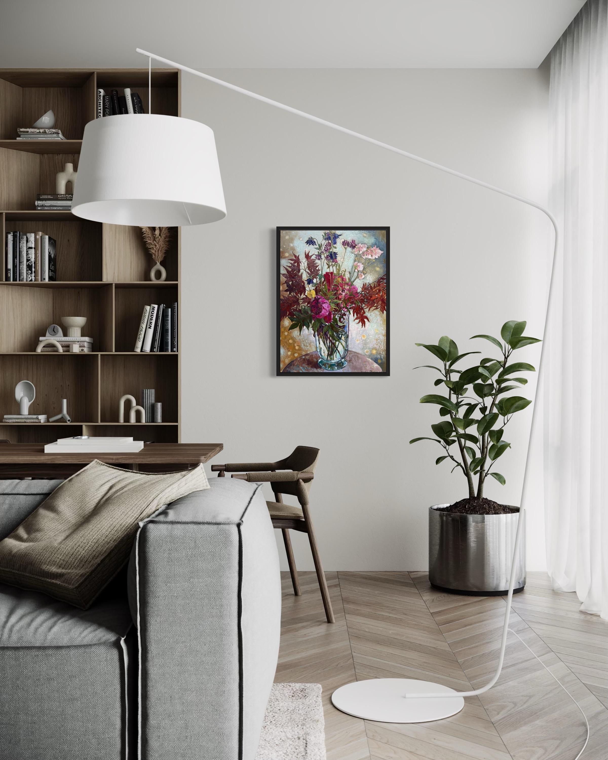 Bouquet avec érable japonais Peinture florale d'origine à l'huile Vertical . en vente 14