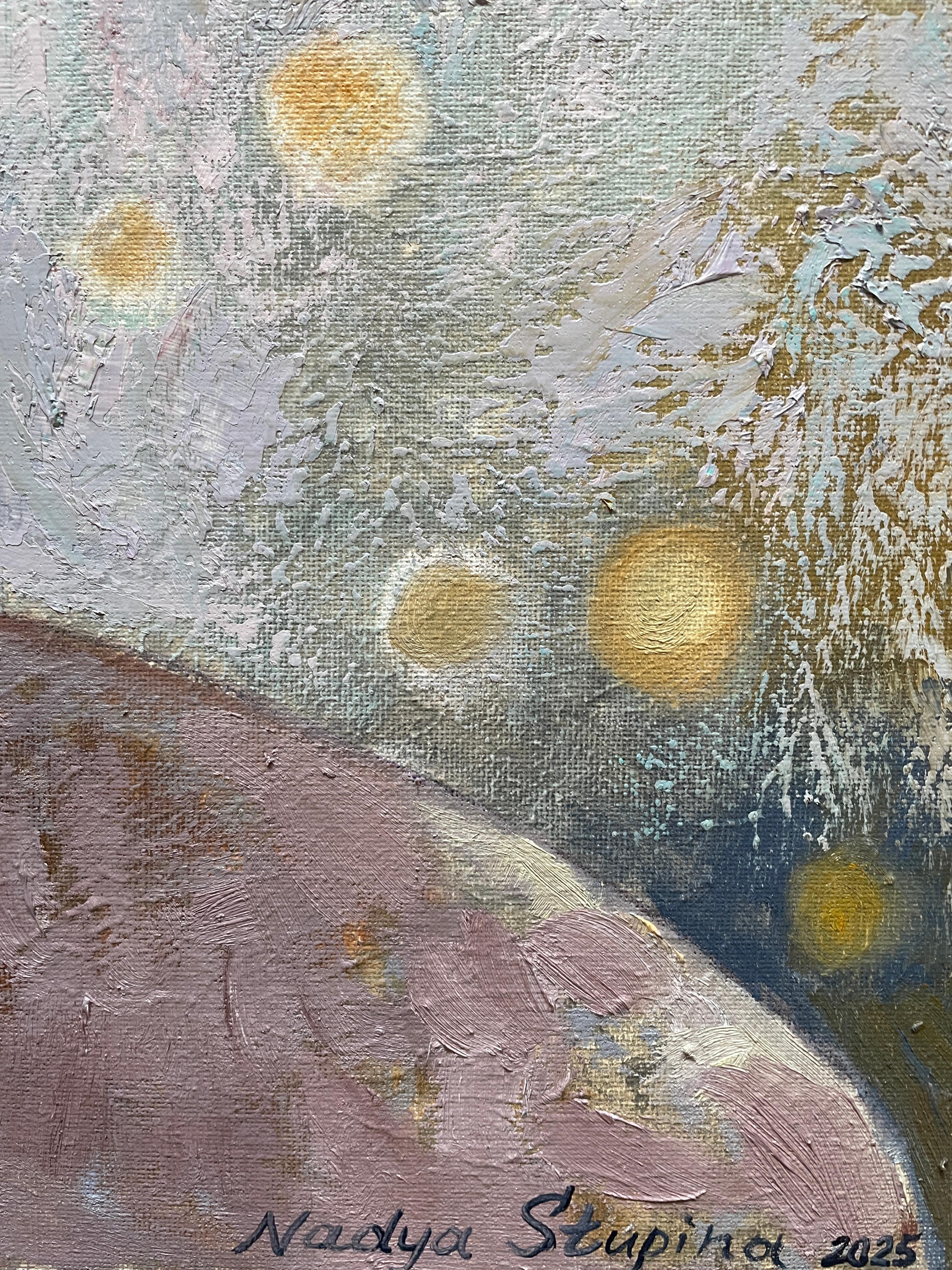Bouquet avec érable japonais Peinture florale d'origine à l'huile Vertical . - Painting de Nadezda Stupina